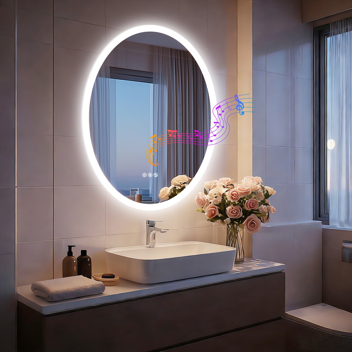 Espejo de baño LED con Bluetooth y altavoces LUVODI, antivaho e iluminado, 23,6 x 31,5 pulgadas
