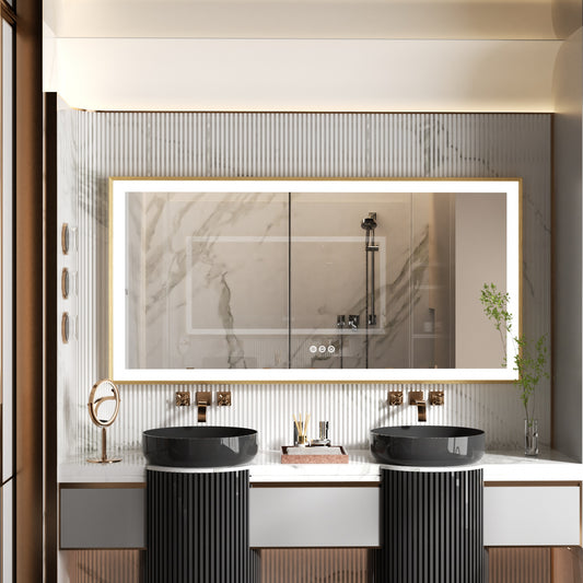 LUVODI Rctangular LED Bathroom Mirror with Gold Aluminum Alloy Narrow Frame Defogging 3 Color