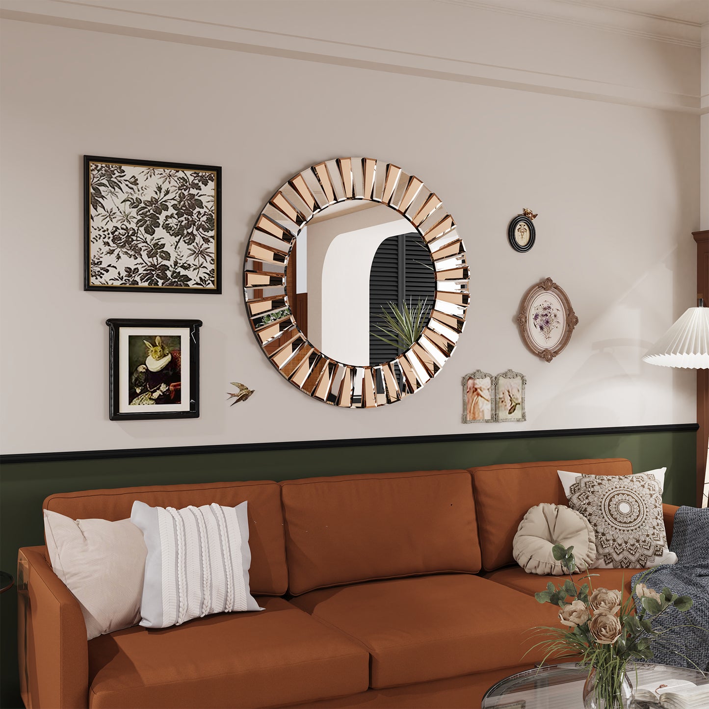 Contemporary Decorative Wall Mirror Round Starburst Mirror w/ Glass Beveled Edge for Living Room