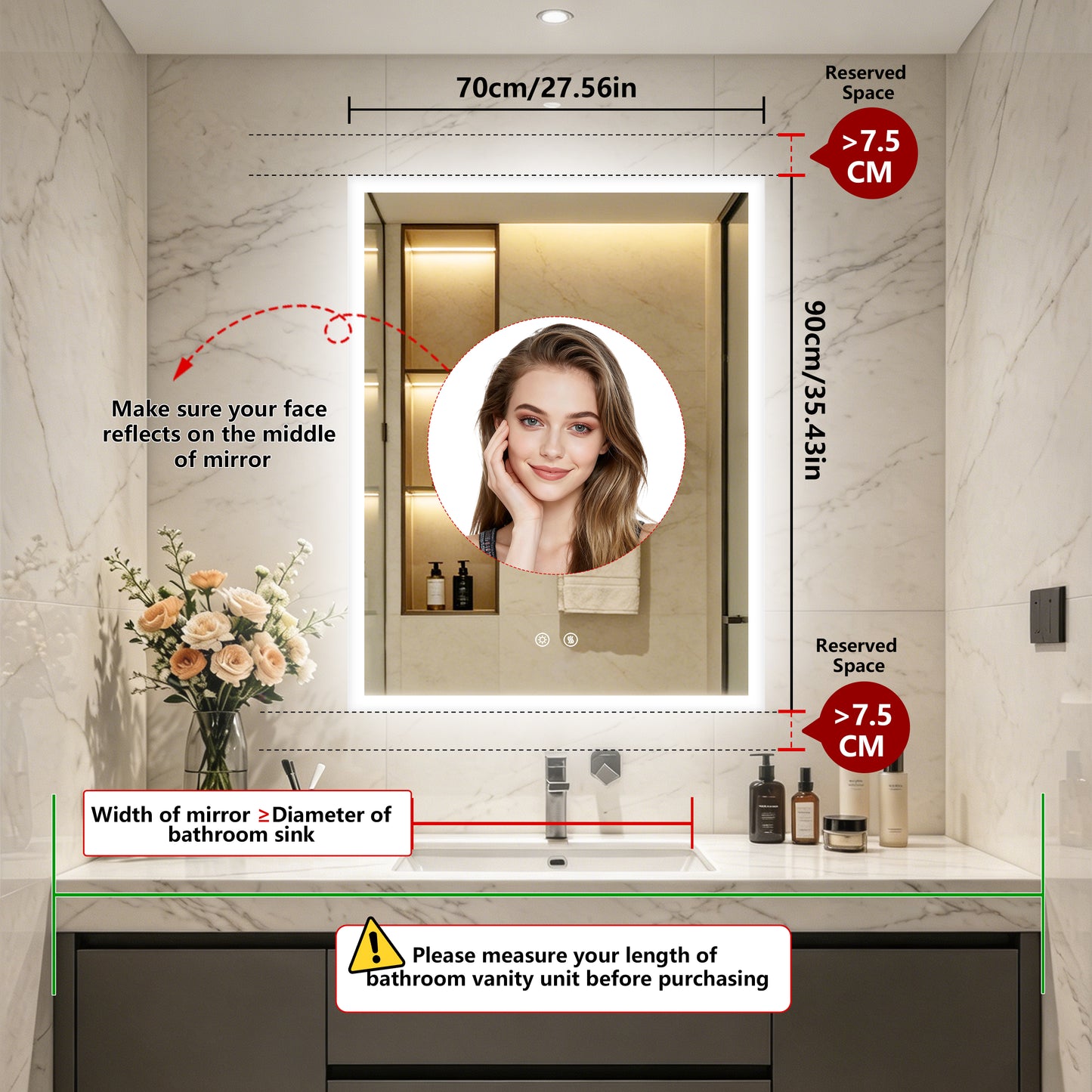LUVODI 28x36” Rectangular LED Bathroom Mirror Tempered Glass Bathroom Mirror With Light