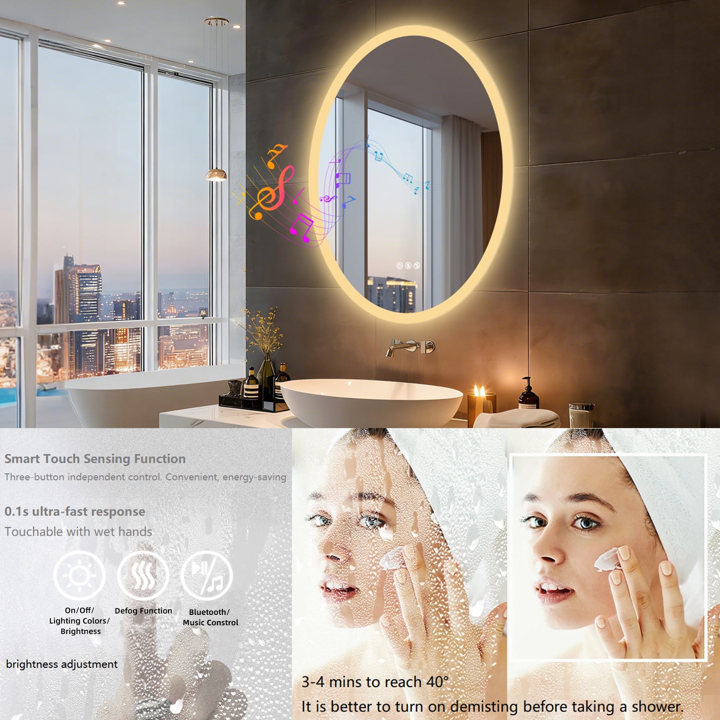 Espejo de baño LED con Bluetooth y altavoces LUVODI, antivaho e iluminado, 23,6 x 31,5 pulgadas