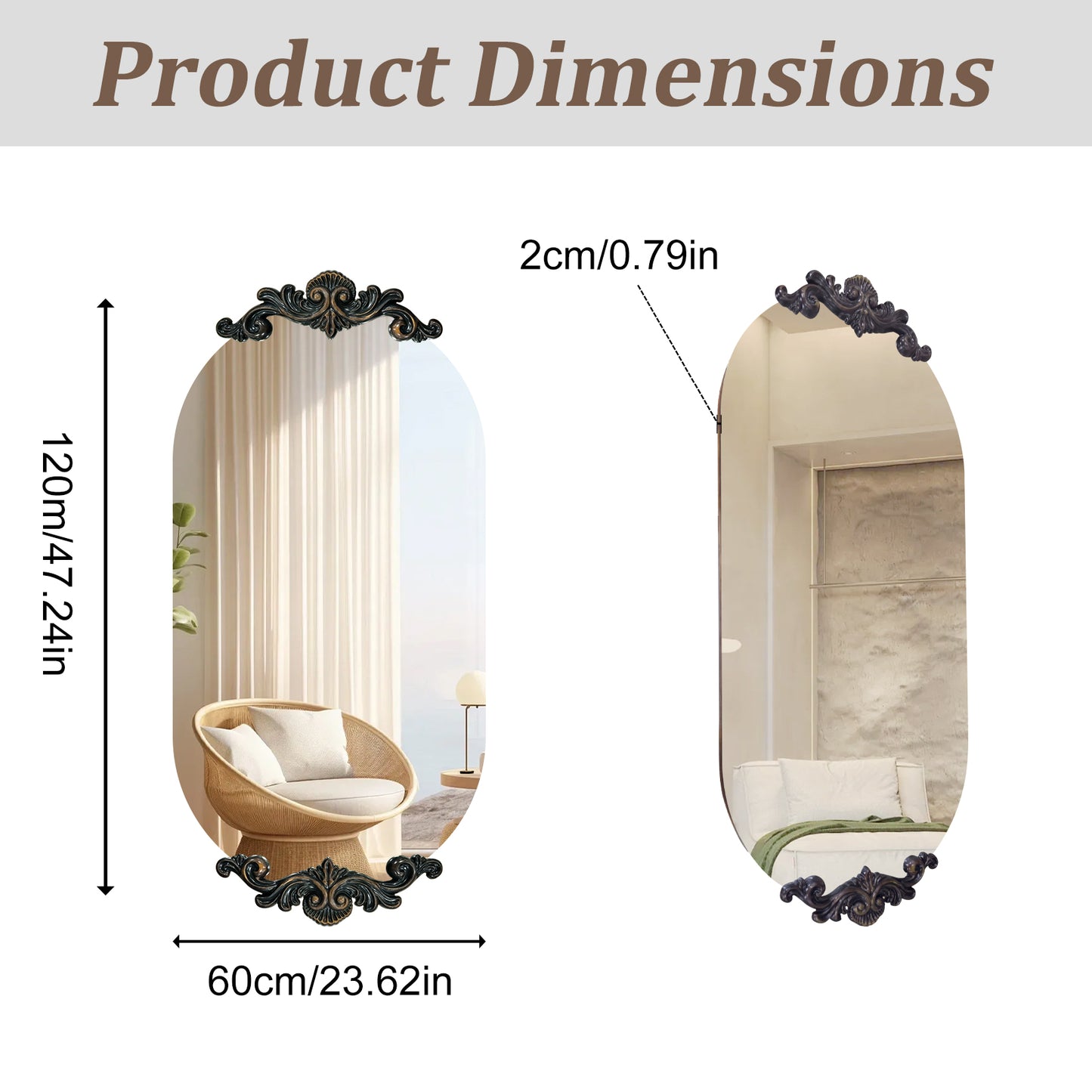Long Oval Antique Ornate Wall Hanging Mirror Baroque Vanity Bathroom Mirror