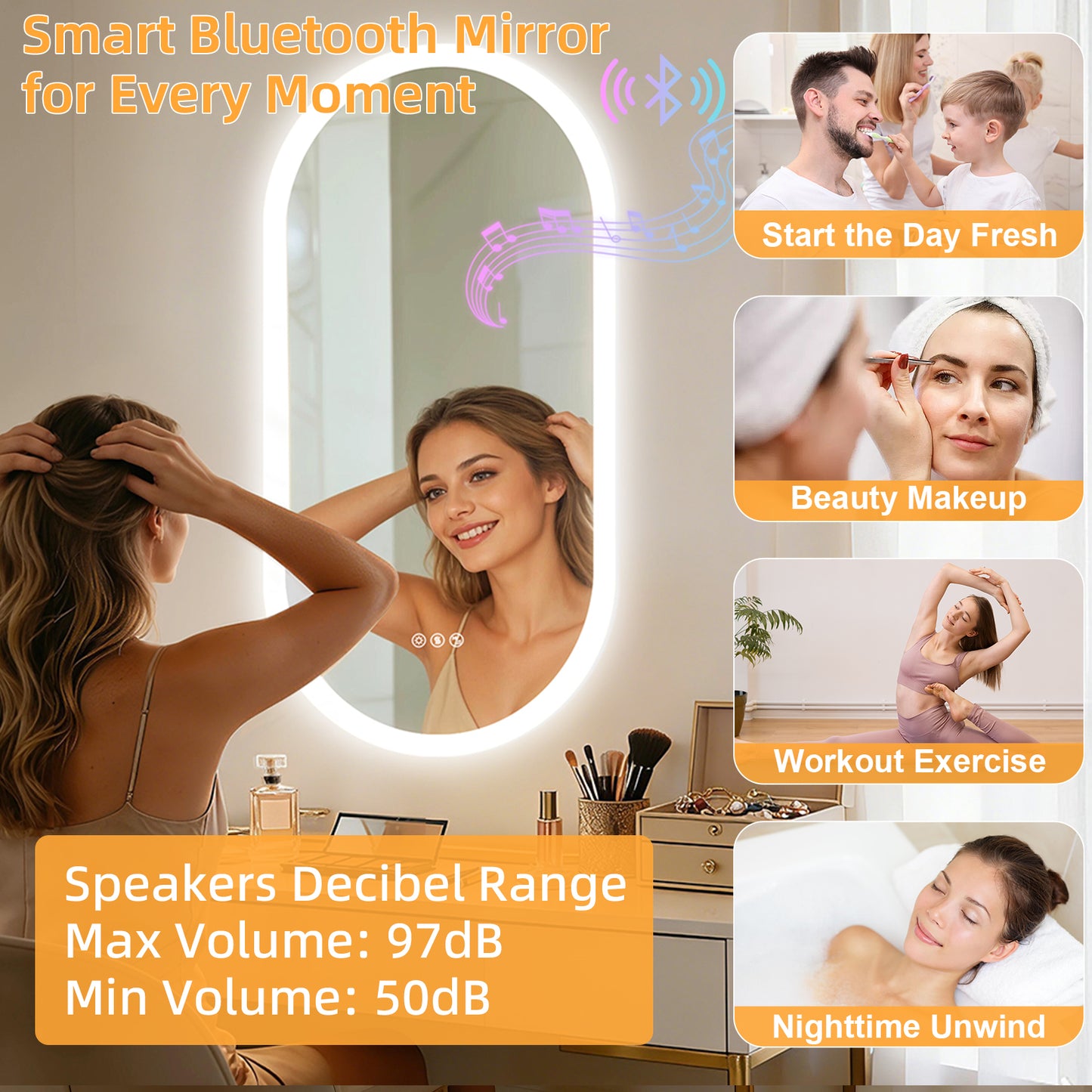 Espejo de baño ovalado con luz LED y Bluetooth LUVODI, espejo de tocador de pared (sin pantalla)