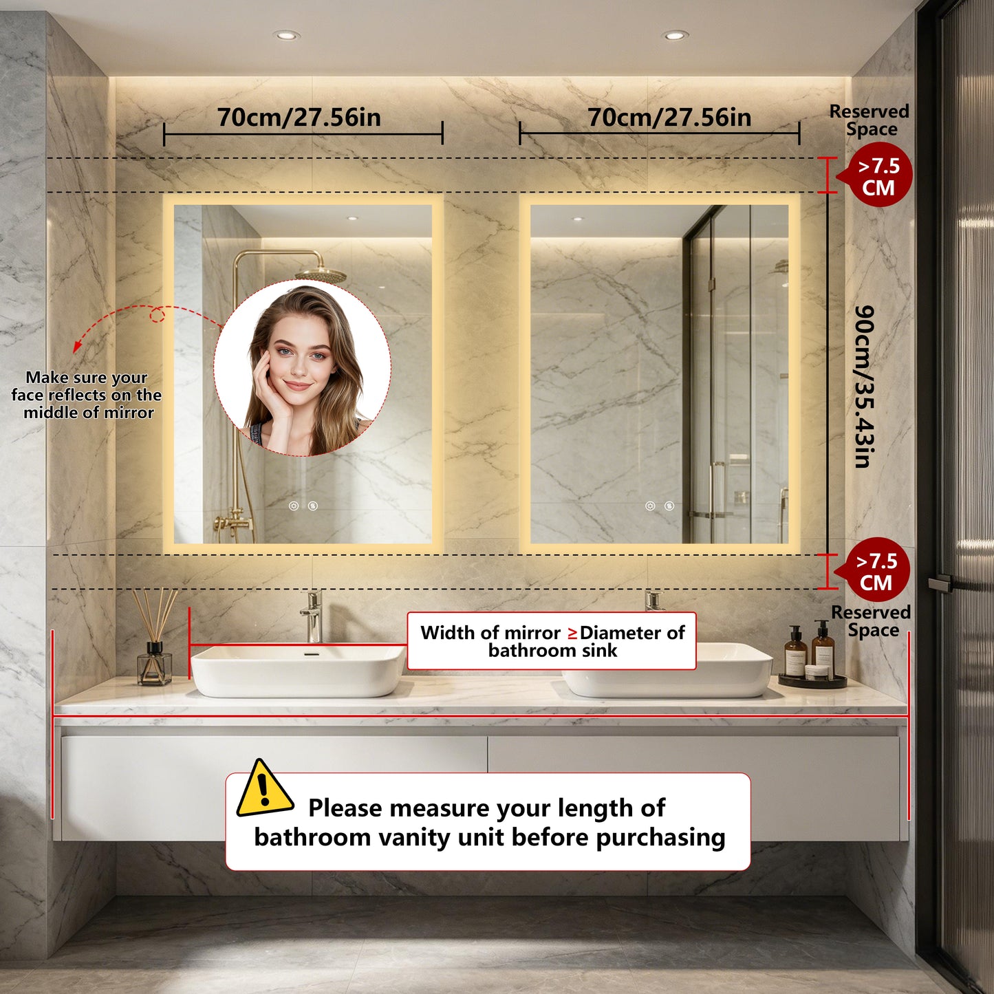 LUVODI 28x36” Rectangular LED Bathroom Mirror Tempered Glass Bathroom Mirror With Light