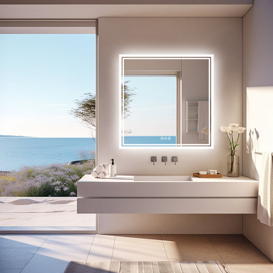 LUVODI 80x80cm Square LED Bathroom Mirror Anti-fog, 3-color Stepless Dimming(Glowing Outer Edge)