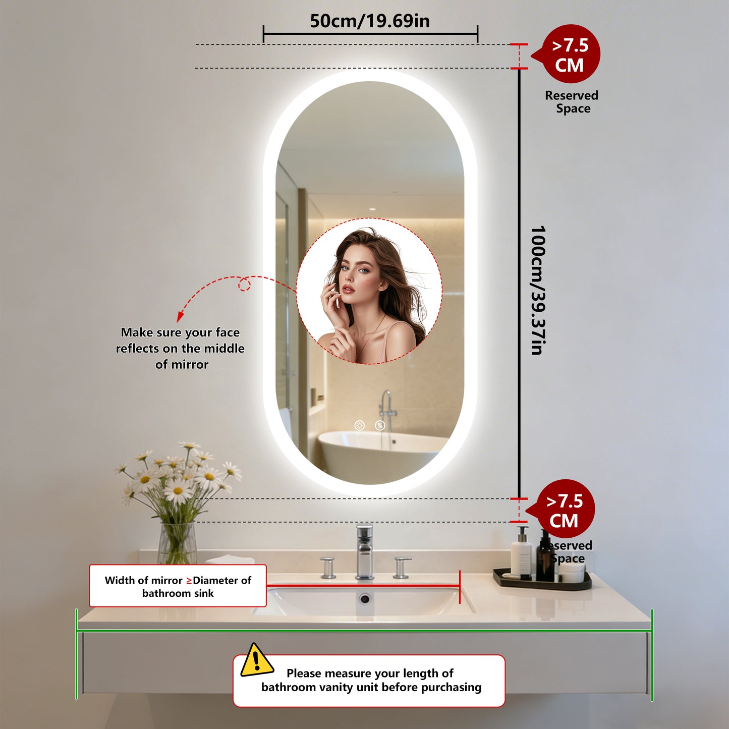 LUVODI Long Oval LED Bathroom Mirror, Tempered Glass Front Lit Vanity Mirror (2 Buttons)