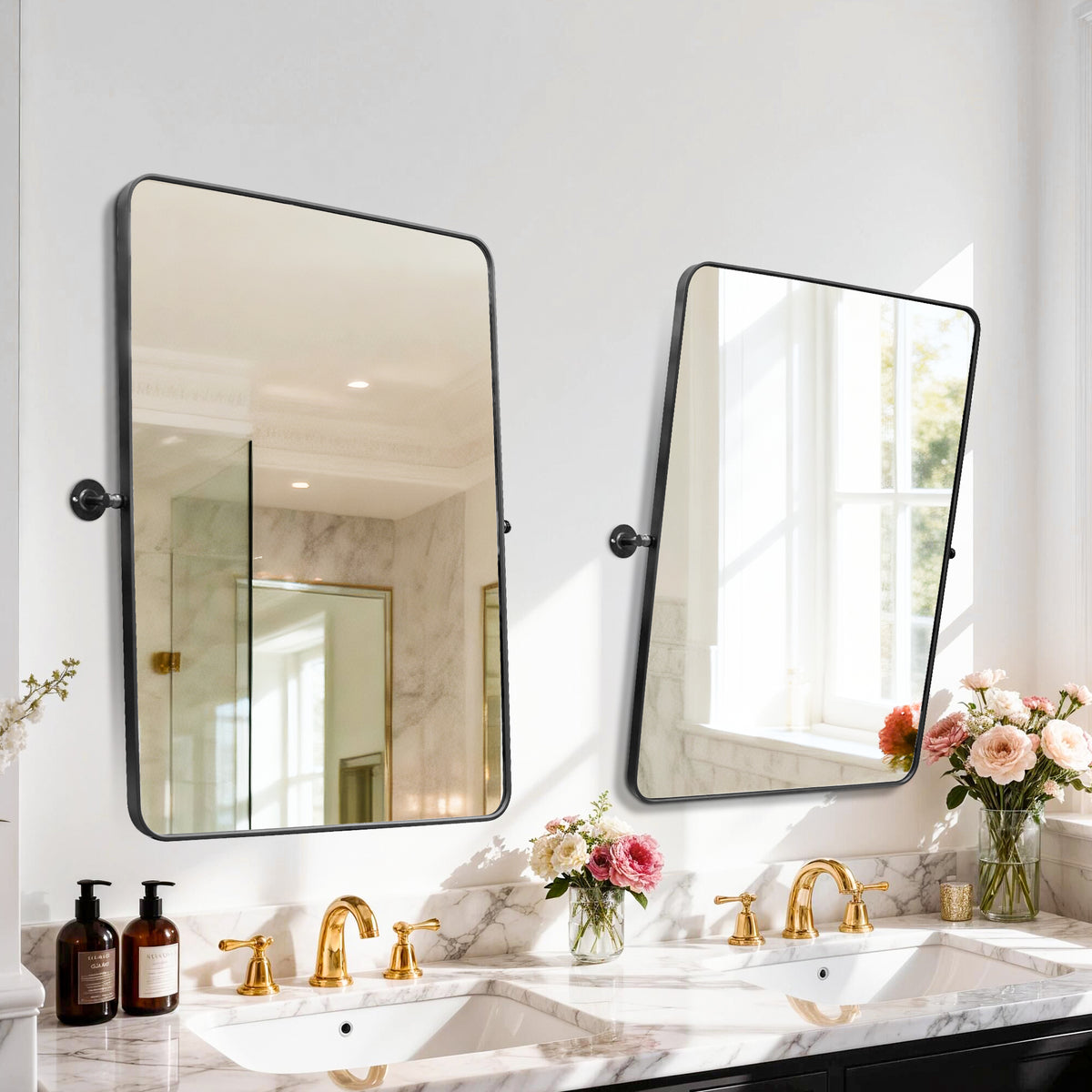 Black Framed Pivot Bathroom Mirror, Adjustable Tilt Wall Mirror