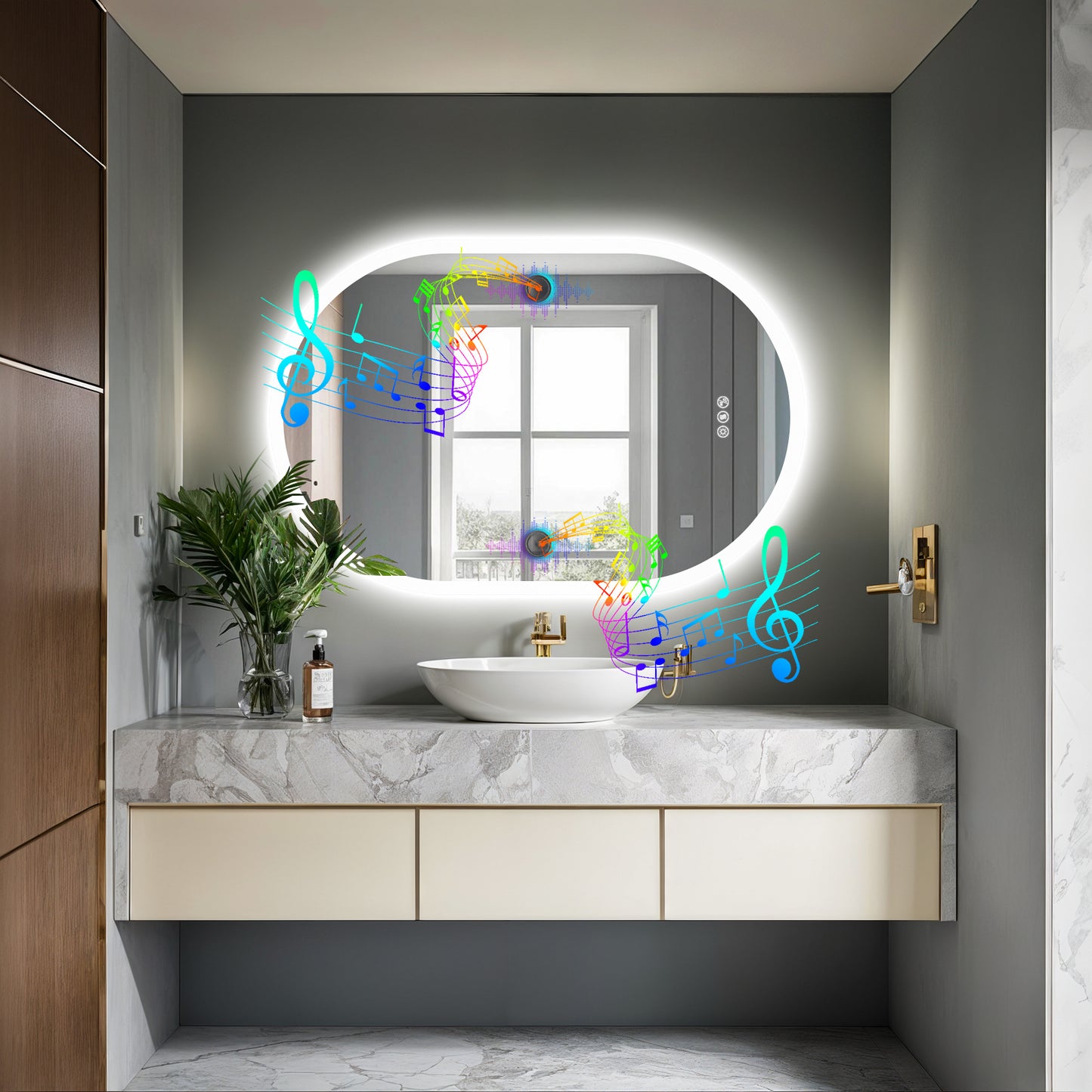 LUVODI Long Oval LED Bathroom Mirror with Bluetooth Speaker, No Display 23.62x35.43 in