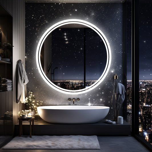 LUVODI Round Illuminated Bathroom Mirror 3 Colors Defogging Smart Mirror(Glowing Outer Edge)