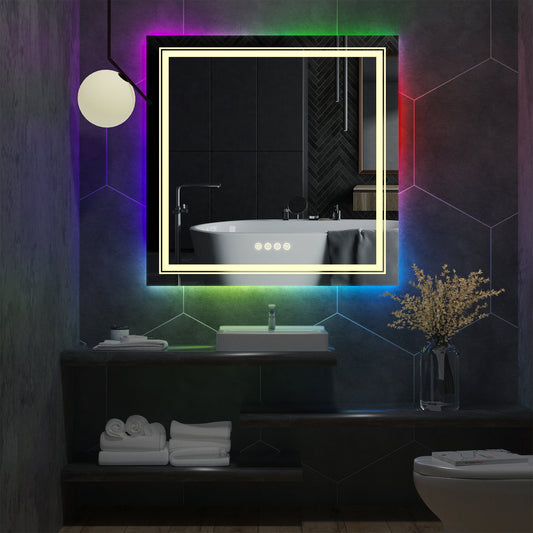 LUVODI 80x80cm Square LED Bathroom Mirror with 8 RGB Backlit 3 Front Light Color Smart Defogging Touch