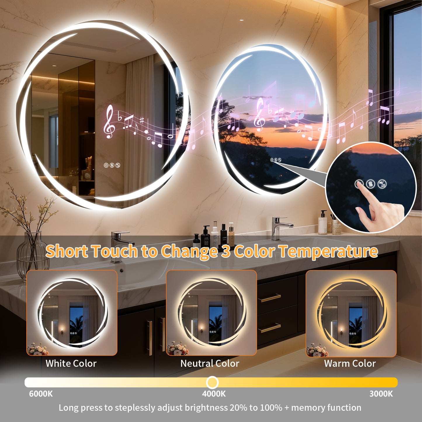 Espejo de pared redondo para baño LUVODI de 31,5" con LED y altavoz Bluetooth dual, antivaho y regulable