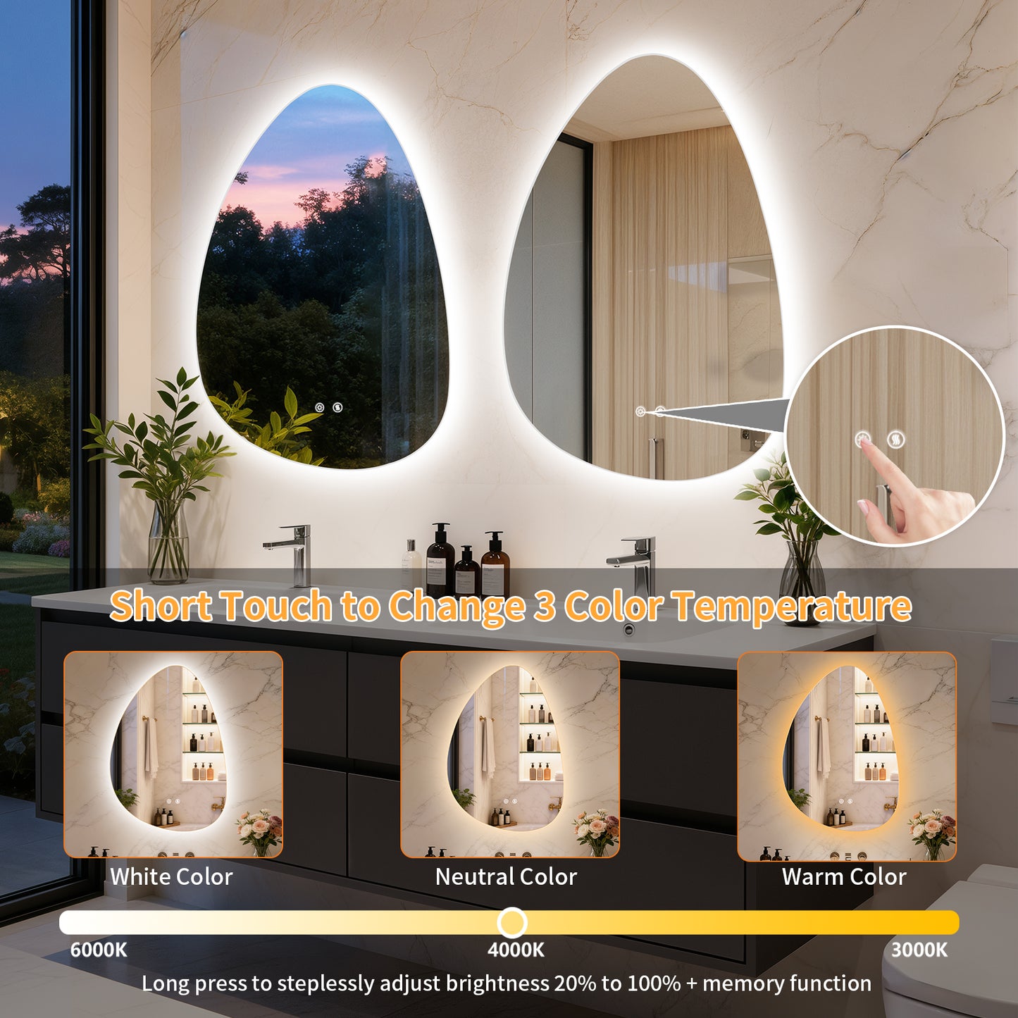 LUVODI Irregular LED Bathroom Mirror, Pebble Oval Backlit Vanity Mirror, Tempered Glass Mirror (2 Buttons)
