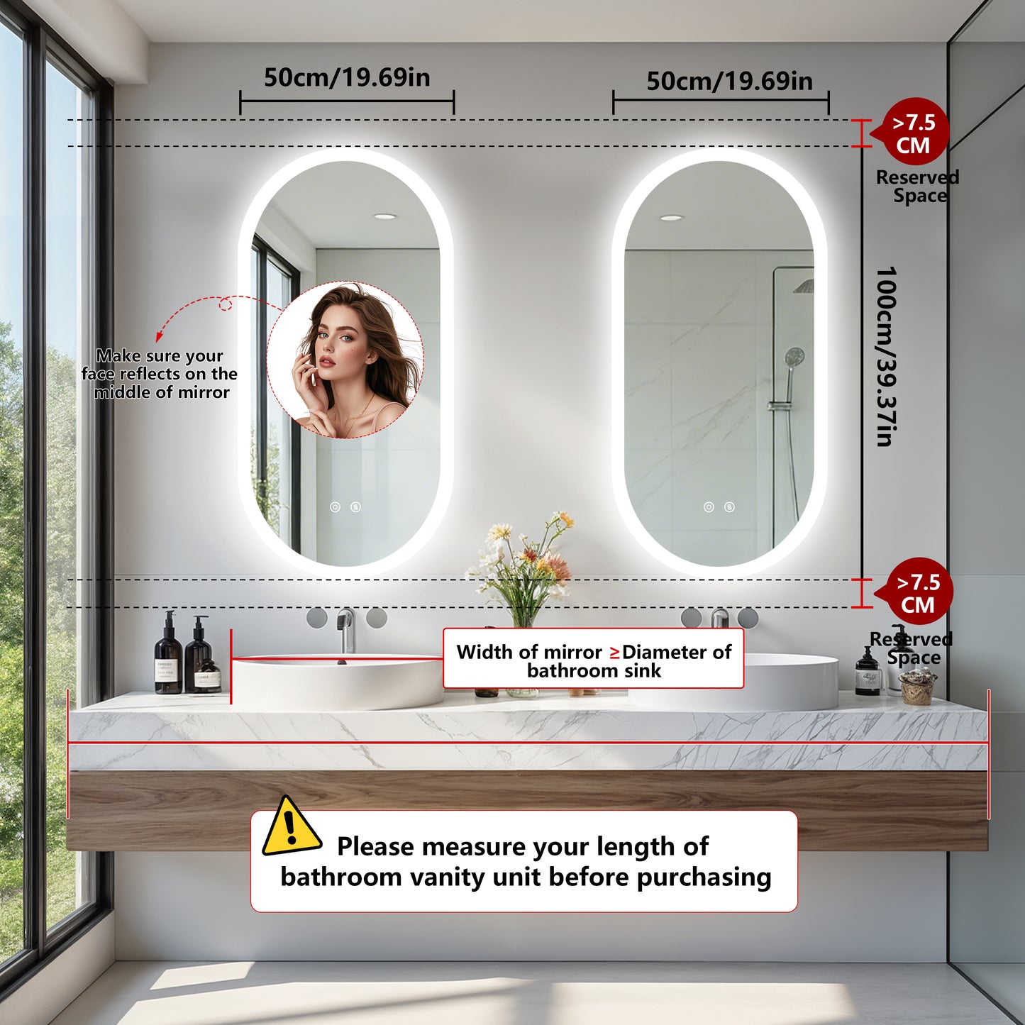 LUVODI Long Oval LED Bathroom Mirror, Tempered Glass Front Lit Vanity Mirror (2 Buttons)