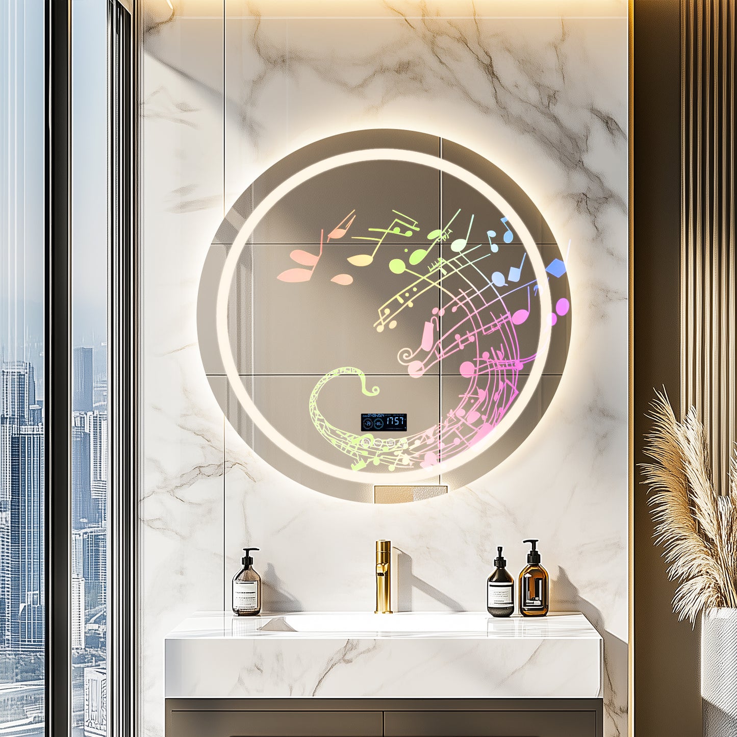 LUVODI Round LED Bluetooth Bathroom Mirror with Smart Display 80x80cm