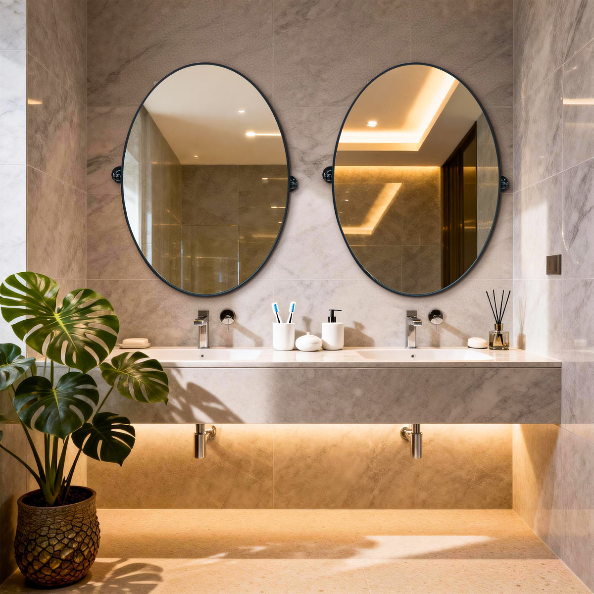 Modern Matte Black Oval Pivot Mirror – Adjustable Tilting Bathroom Vanity Wall Mirror