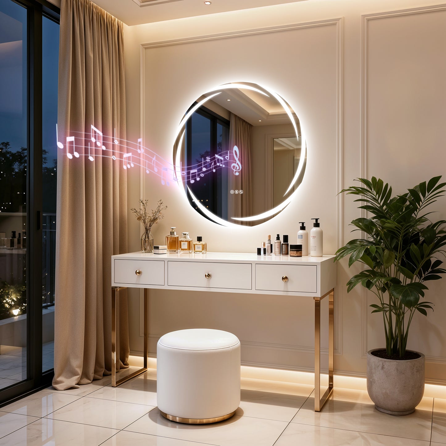 Espejo de pared redondo para baño LUVODI de 31,5" con LED y altavoz Bluetooth dual, antivaho y regulable