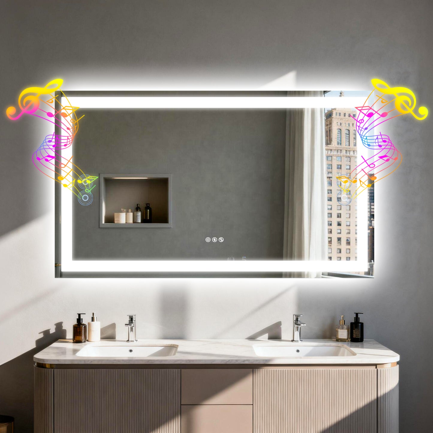 Espejo de baño rectangular de vidrio templado iluminado LUVODI con altavoces Bluetooth (sin pantalla)