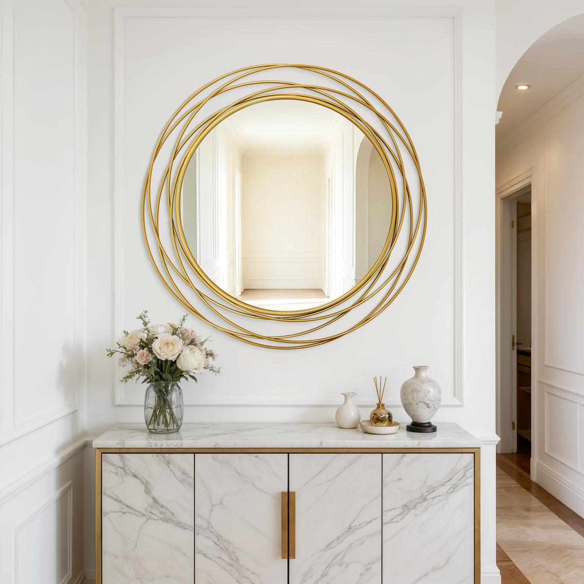 31.5in Large Round Decorative Mirrors, Metal Wire Frame Wall Mirror, Black & Gold