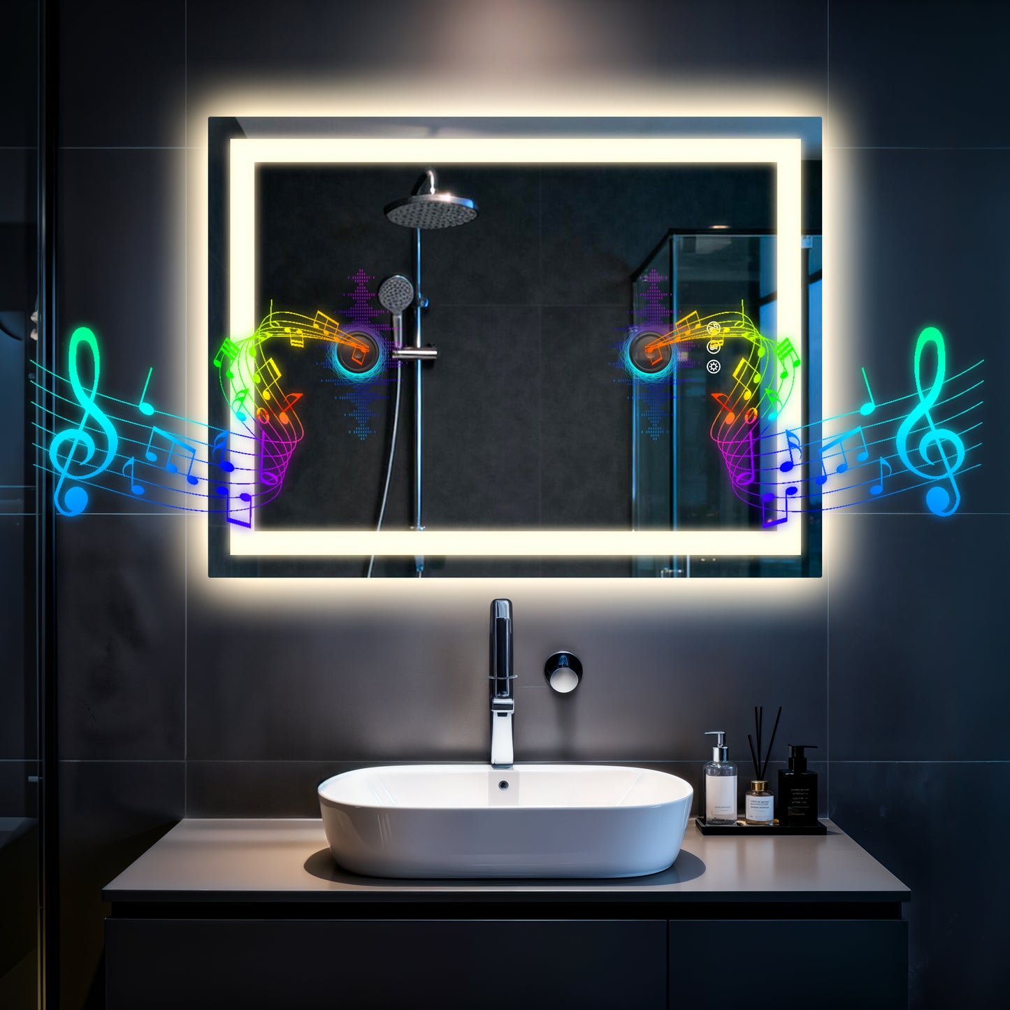 Espejo de baño rectangular de vidrio templado iluminado LUVODI con altavoces Bluetooth (sin pantalla)