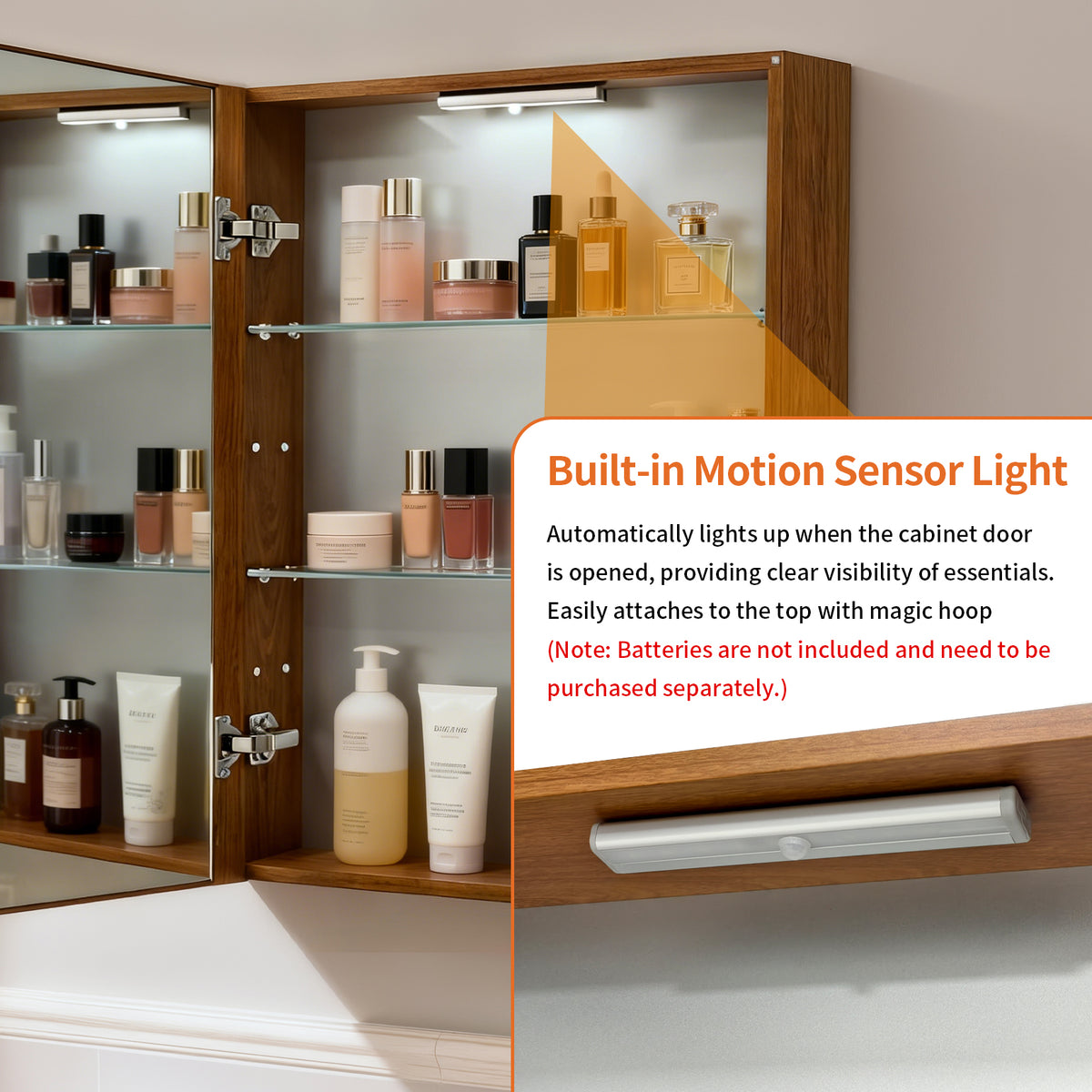Mid Century Medicine Cabinet with Mirror, Double Mirror Doors, With Sensor Light
