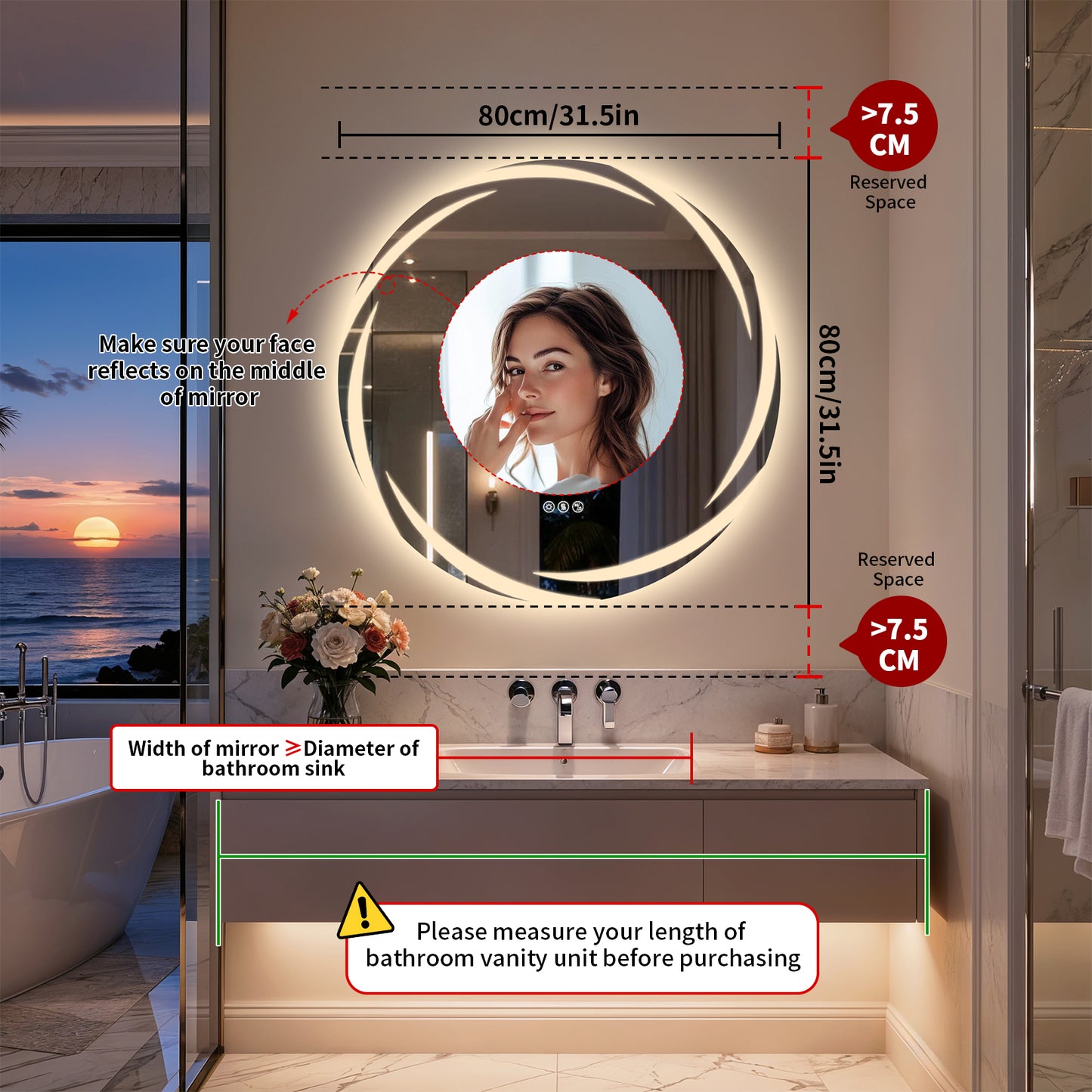 Espejo de pared redondo para baño LUVODI de 31,5" con LED y altavoz Bluetooth dual, antivaho y regulable