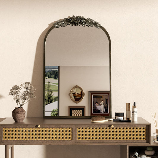Vintage Arched Art Mirror with Flower Relief Frame for Living Room, Fireplace, 23.8”x36”