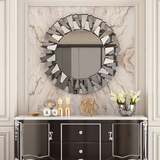 31.5” Round Wall-mounted Sunburst Mirror Silver Glass Accent Mirror for Living Room