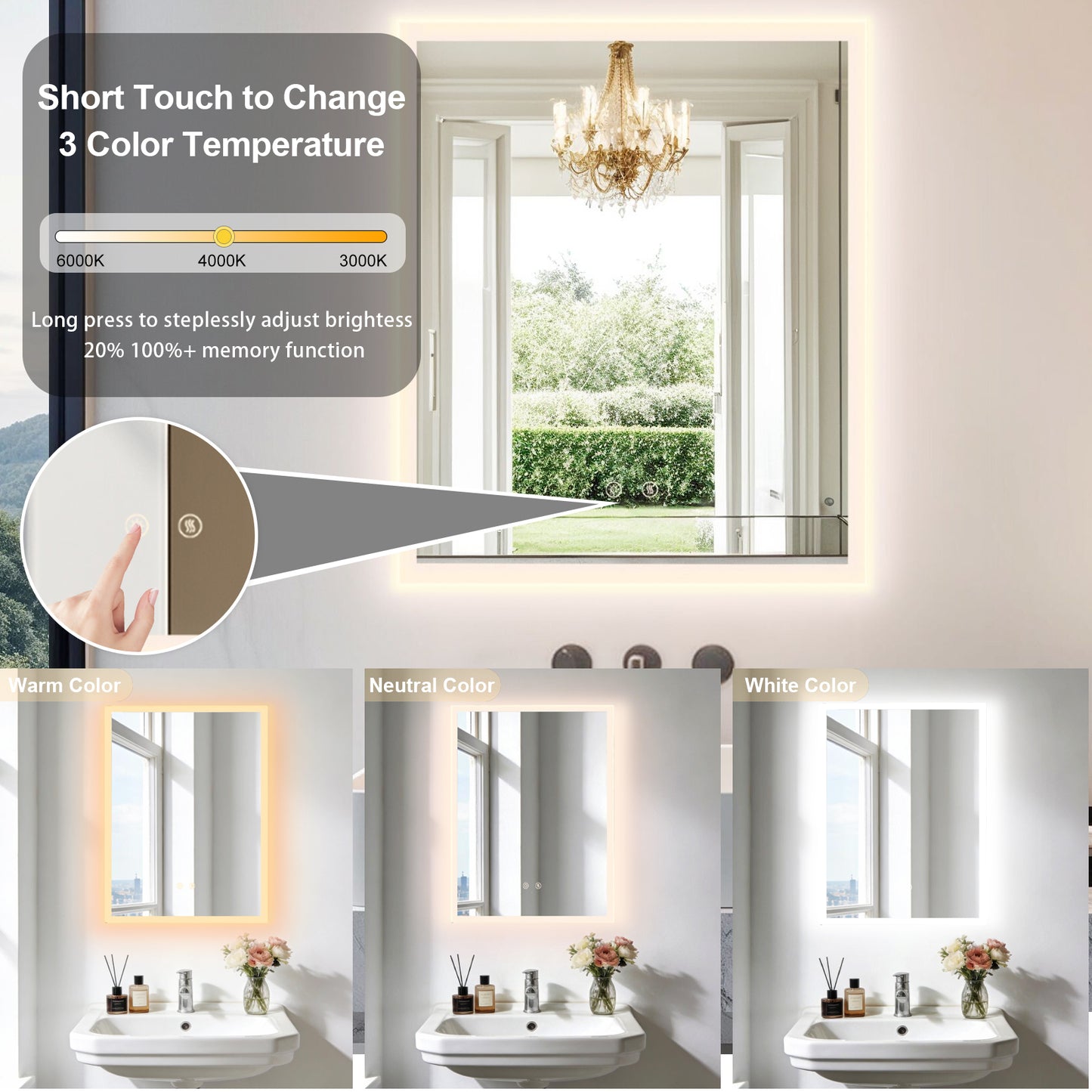 LUVODI 17.8”x23.6" LED Bathroom Mirror Wall Vanity Mirror 3 Colors Smart Lighted Mirror