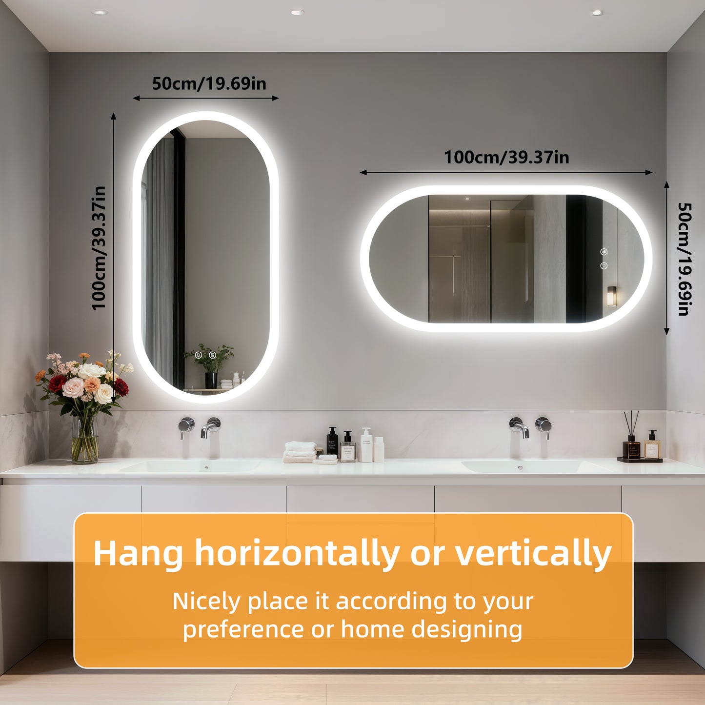 LUVODI Long Oval LED Bathroom Mirror, Tempered Glass Front Lit Vanity Mirror (2 Buttons)