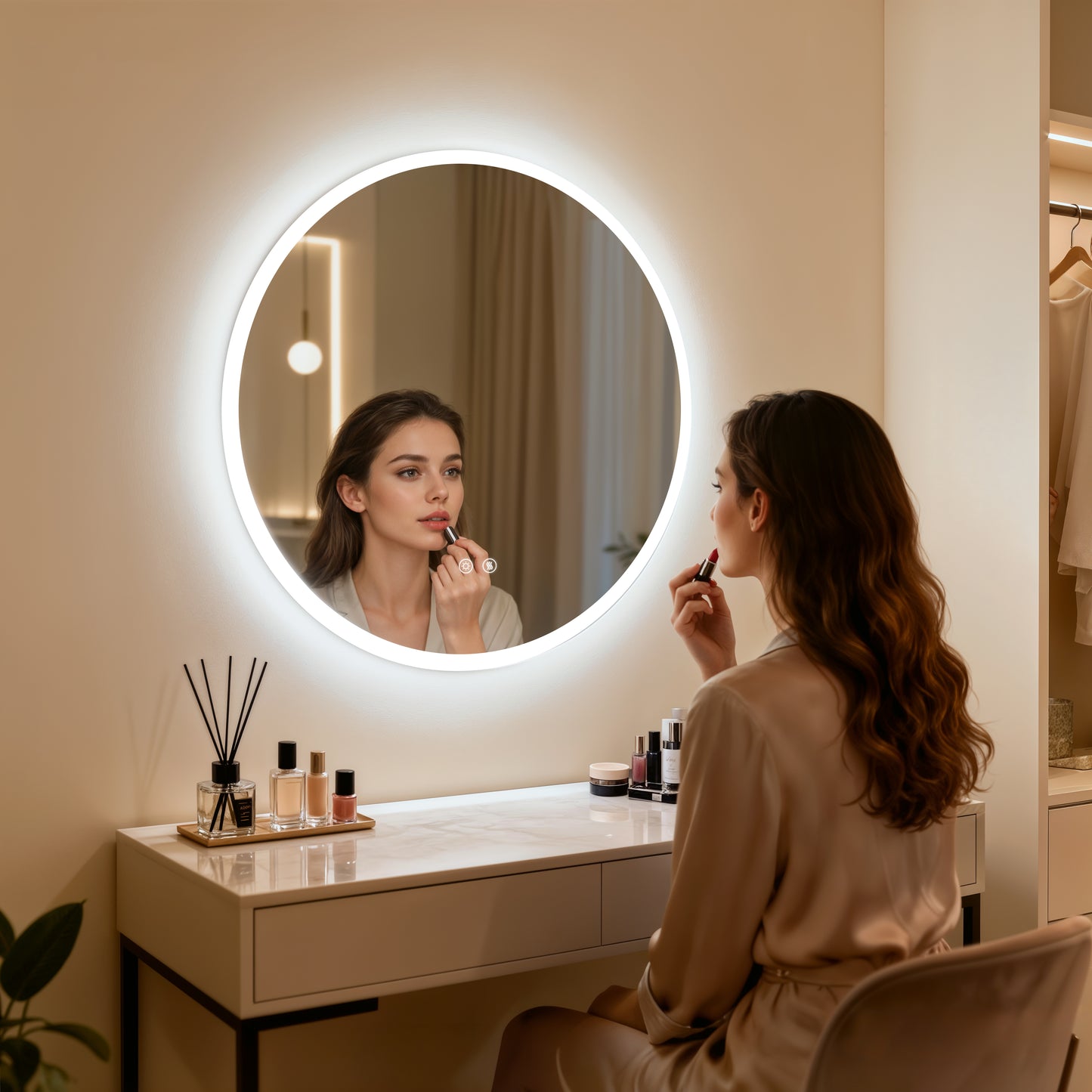 LUVODI 28 in Round Bathroom Mirror with Lights Tempered Glass(2 Buttons)