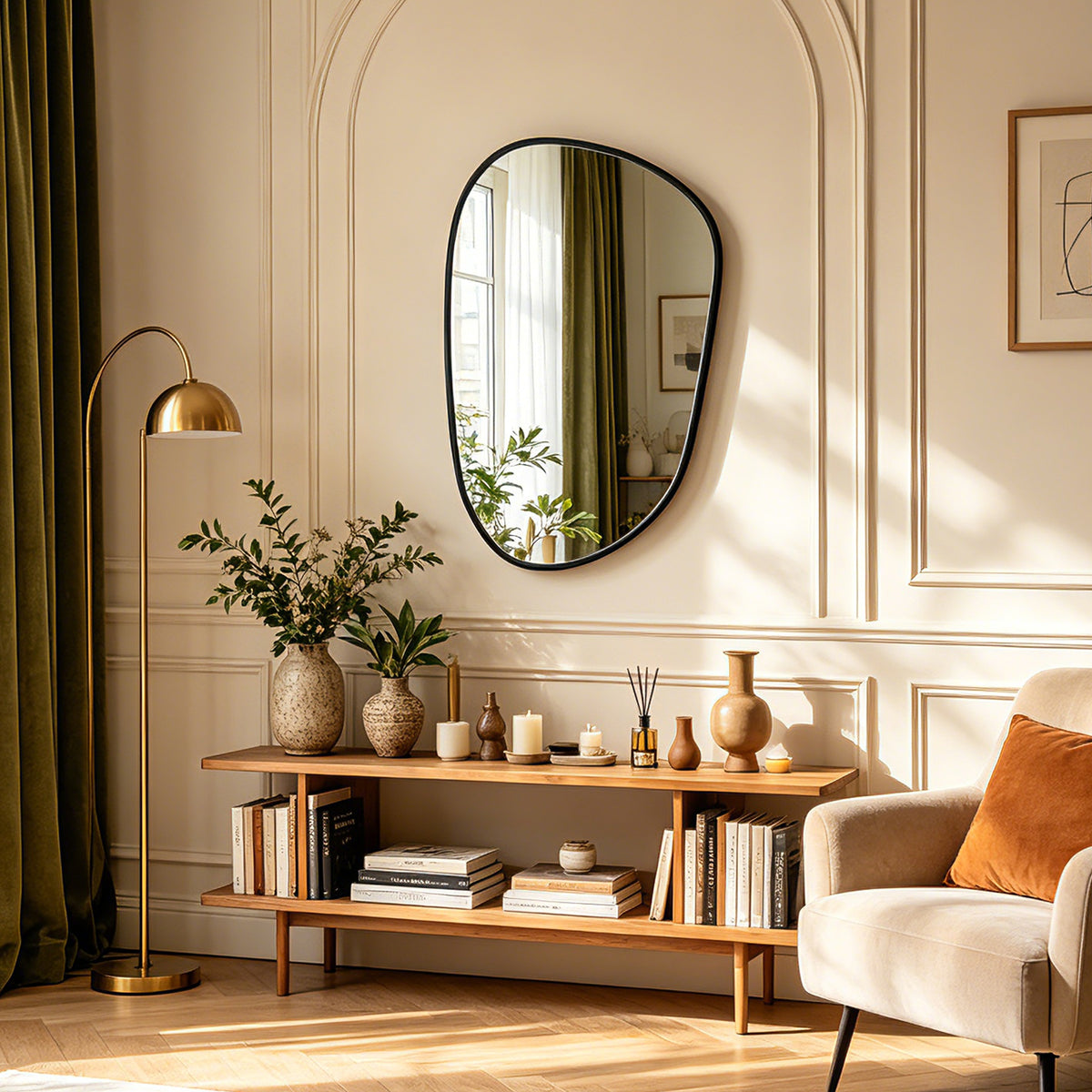 Irregular Black Frame Mirror, 21.5x33.6 in Asymmetrical Wall Mirror for Living Room