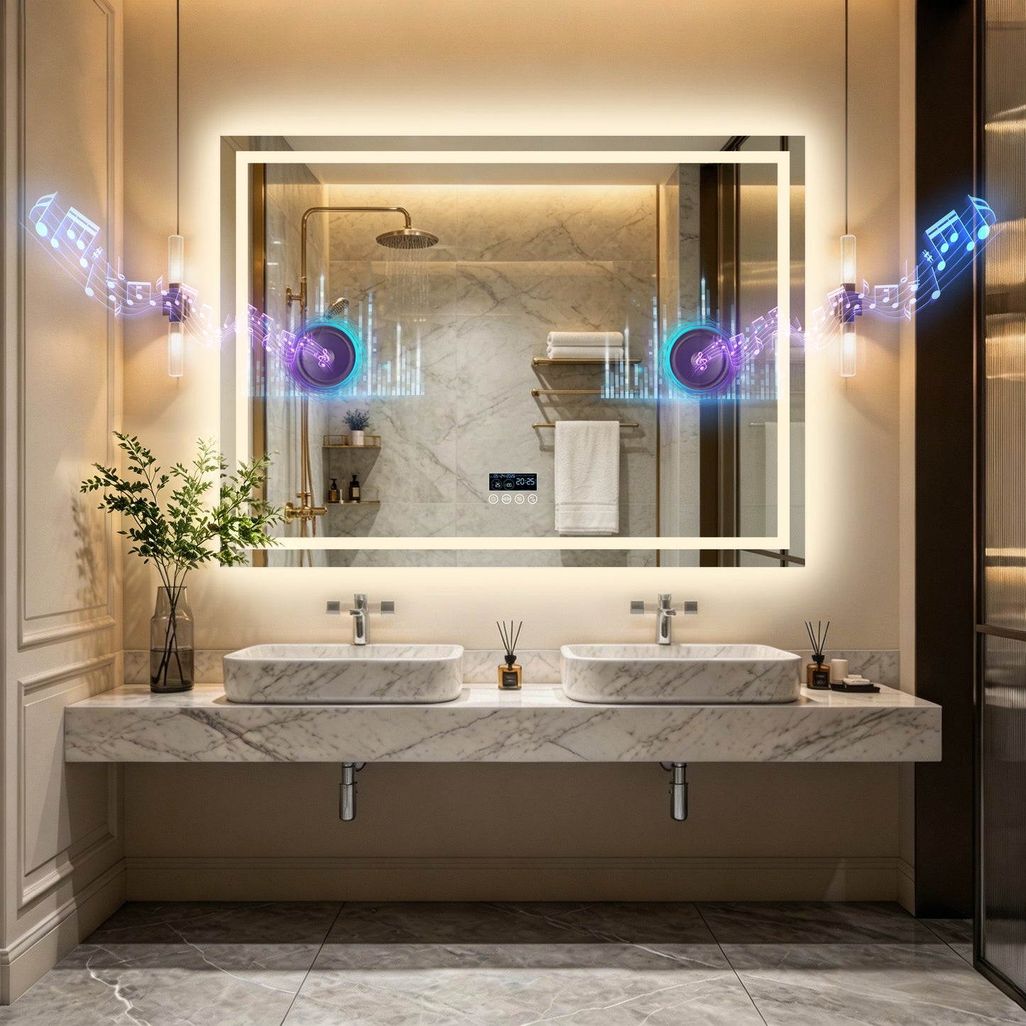 LUVODI LED Bluetooth Bathroom Mirror with Display, Rectangular Lighted Bathroom Mirror with Tempered Glass, Frontlit and Backlit Vanity Mirror