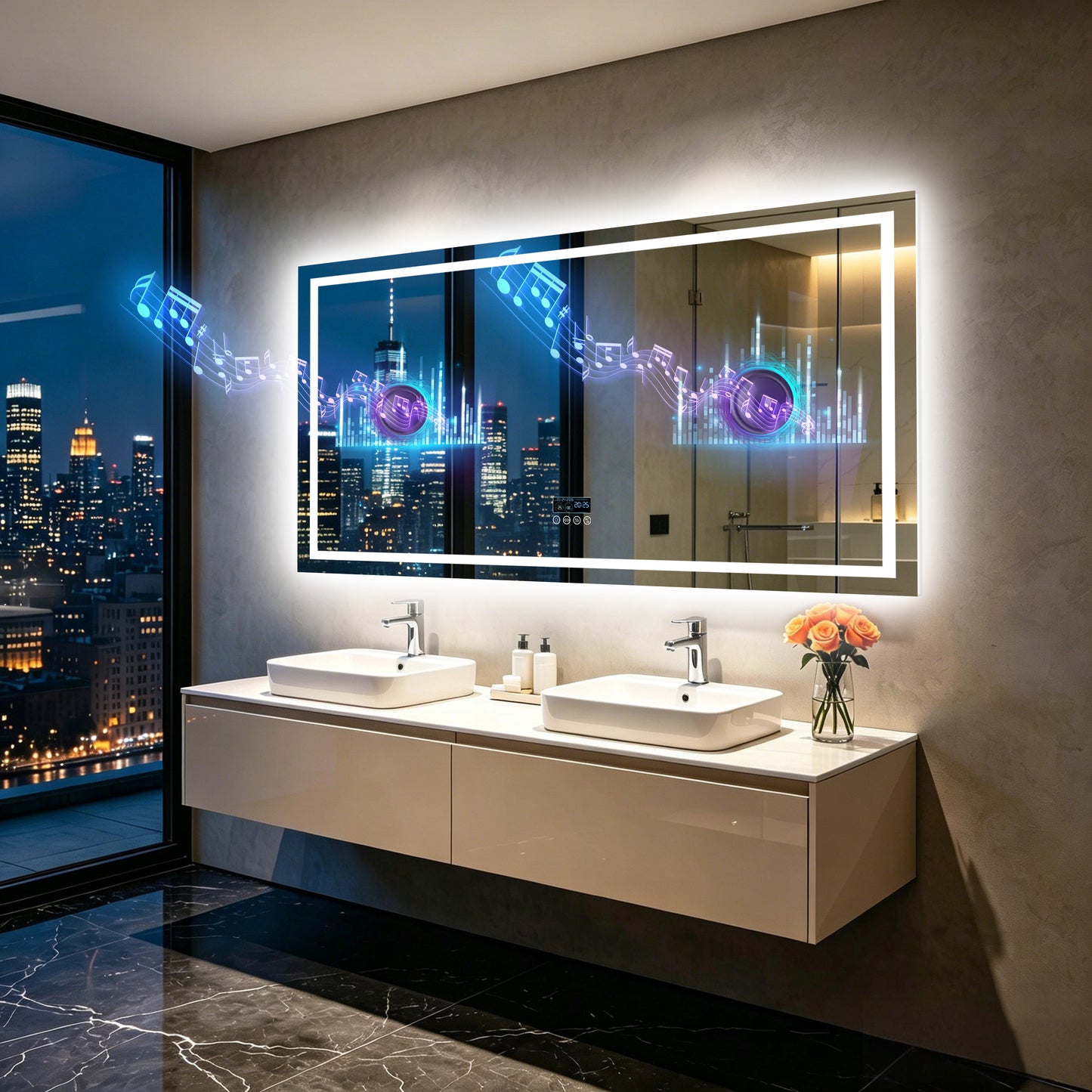 LUVODI LED Bluetooth Bathroom Mirror with Display, Rectangular Lighted Bathroom Mirror with Tempered Glass, Frontlit and Backlit Vanity Mirror