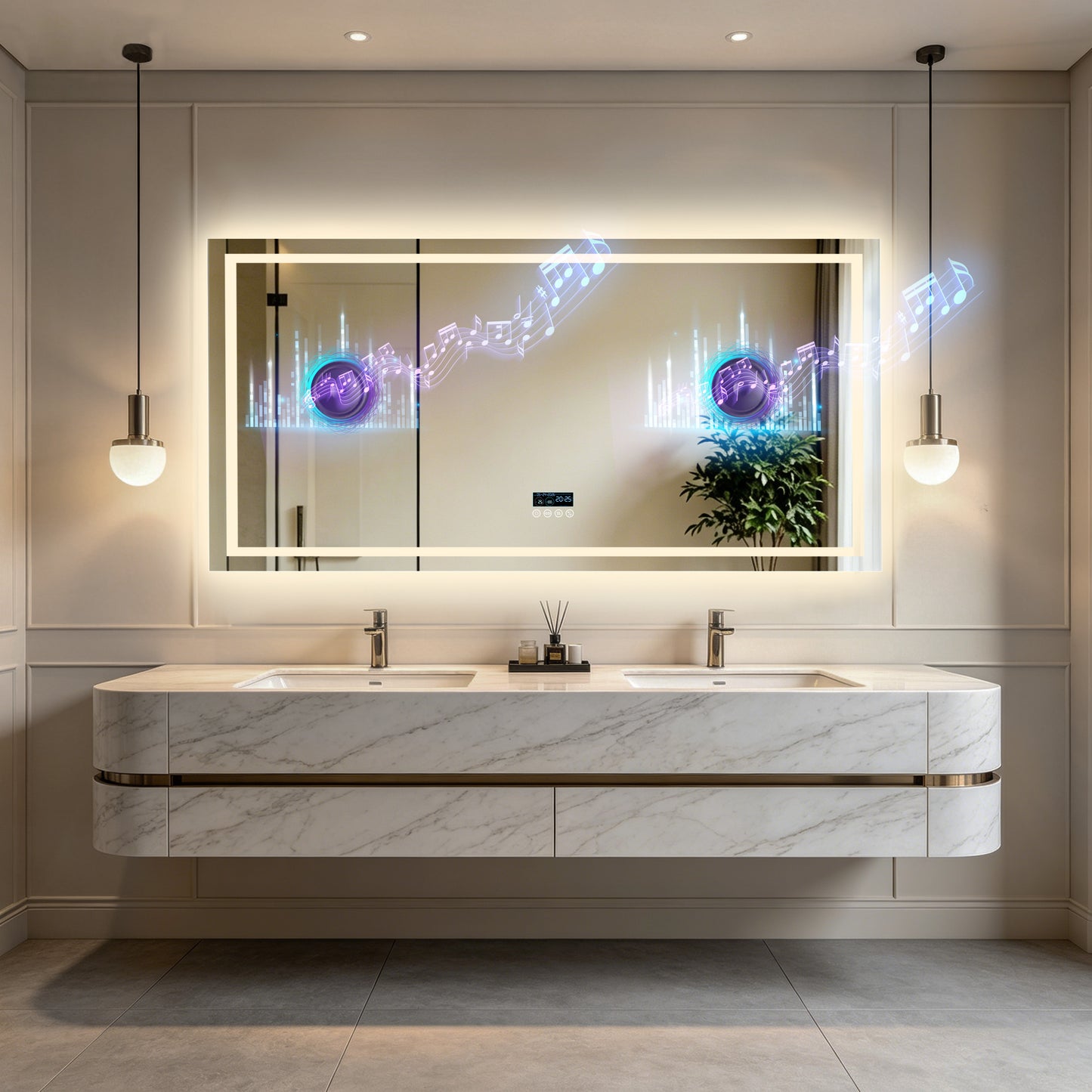 LUVODI LED Bluetooth Bathroom Mirror with Display, Rectangular Lighted Bathroom Mirror with Tempered Glass, Frontlit and Backlit Vanity Mirror