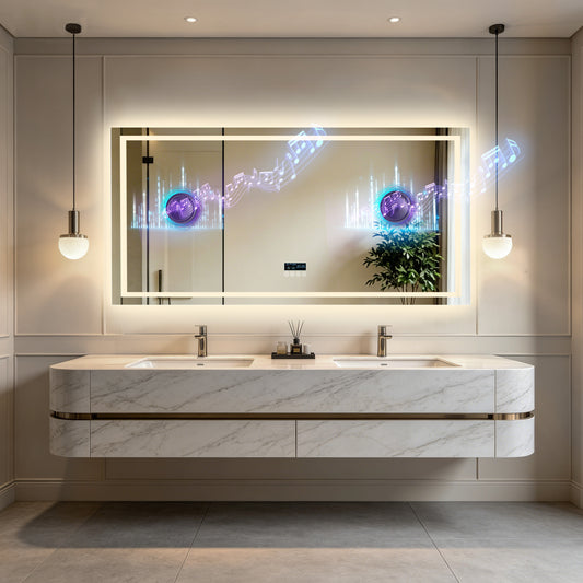 LUVODI LED Bluetooth Bathroom Mirror with Display, Rectangular Lighted Bathroom Mirror with Tempered Glass, Frontlit and Backlit Vanity Mirror