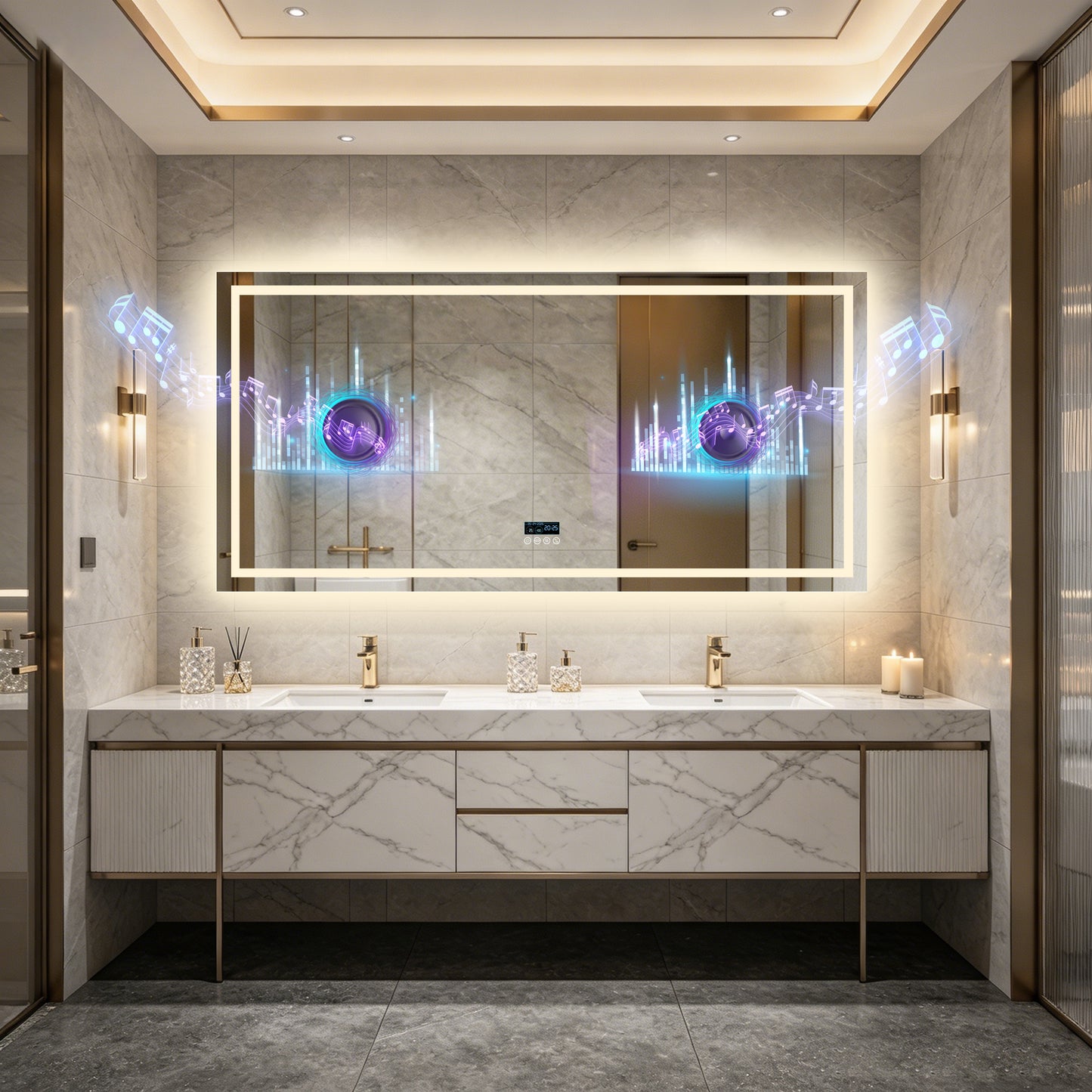 LUVODI LED Bluetooth Bathroom Mirror with Display, Rectangular Lighted Bathroom Mirror with Tempered Glass, Frontlit and Backlit Vanity Mirror