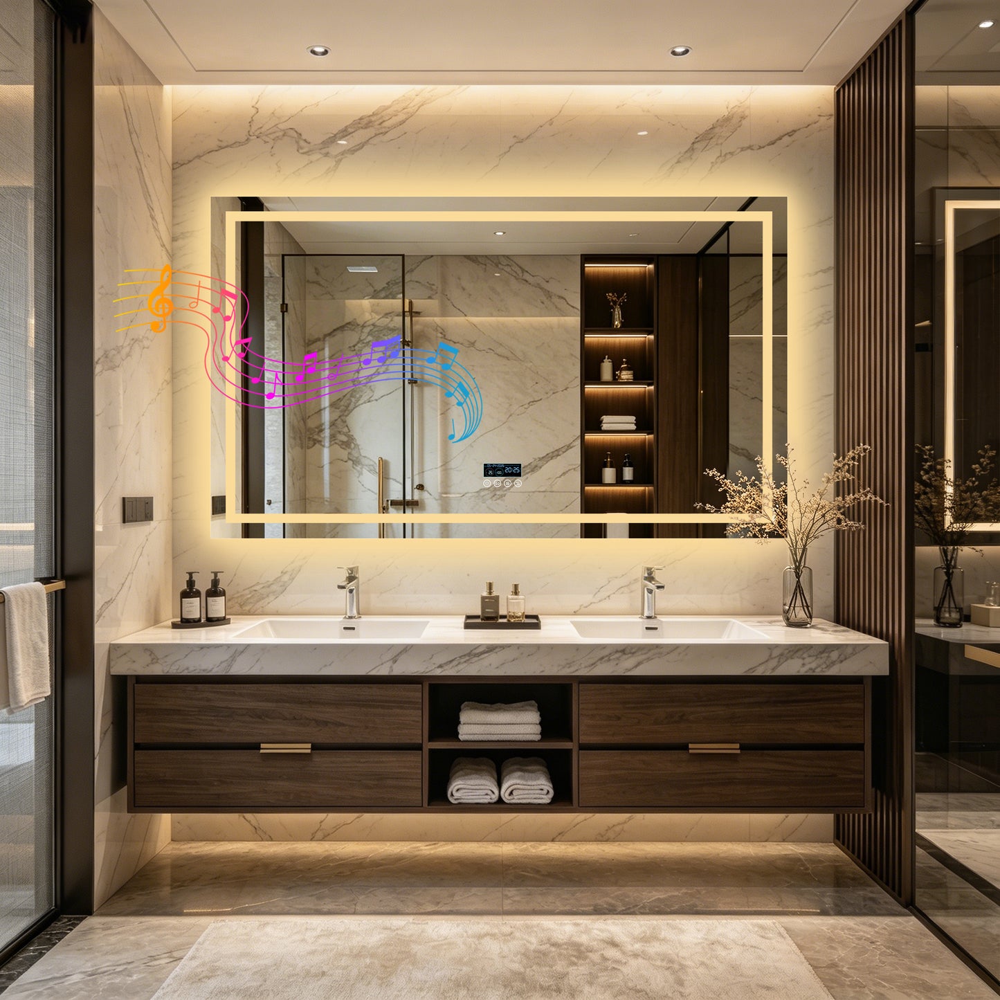 LUVODI LED Bluetooth Bathroom Mirror with Display, Rectangular Lighted Bathroom Mirror with Tempered Glass, Frontlit and Backlit Vanity Mirror
