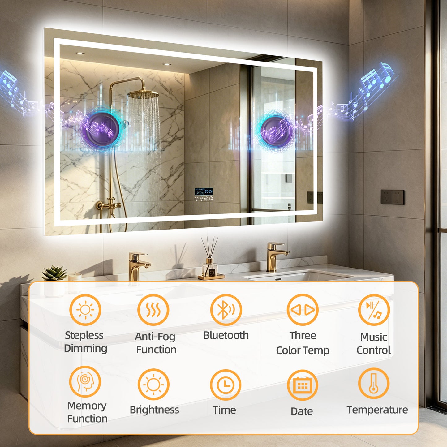 LUVODI LED Bluetooth Bathroom Mirror with Display, Rectangular Lighted Bathroom Mirror with Tempered Glass, Frontlit and Backlit Vanity Mirror