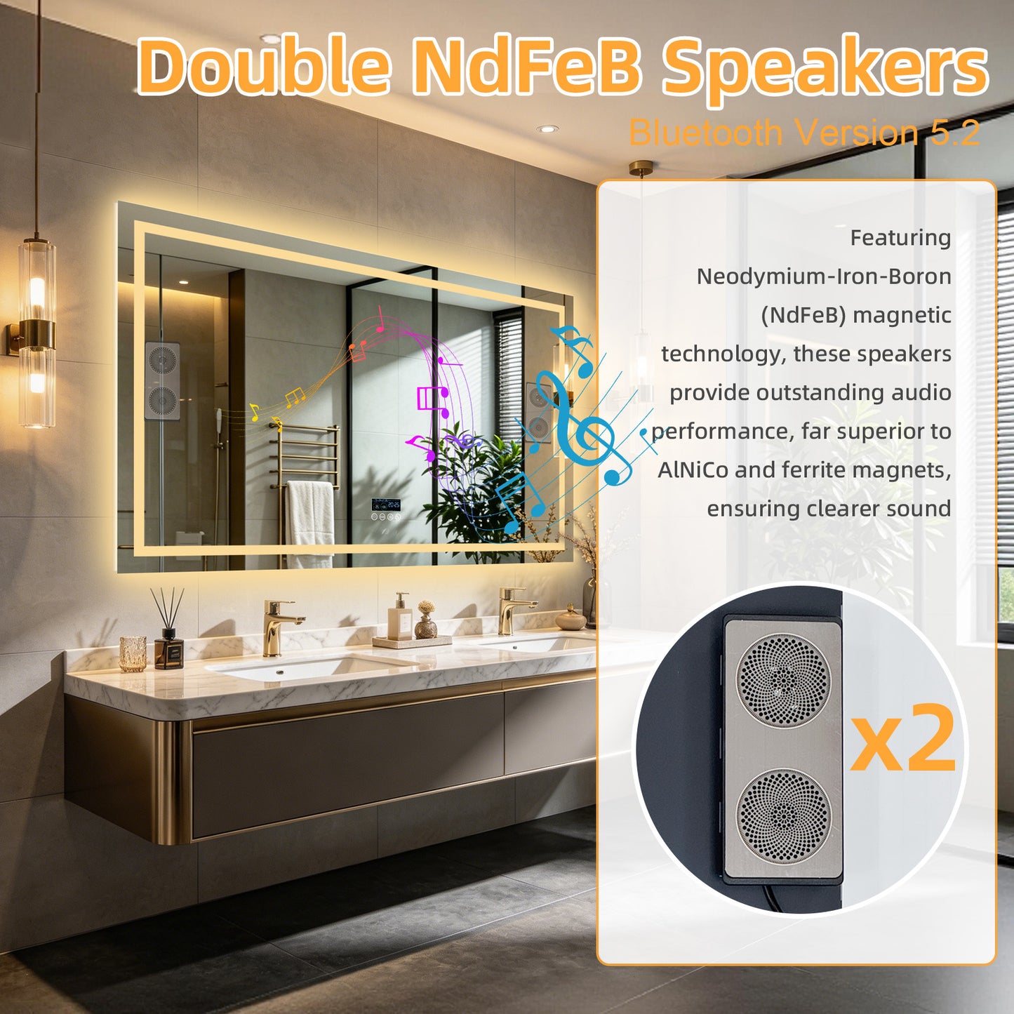 LUVODI LED Bluetooth Bathroom Mirror with Display, Rectangular Lighted Bathroom Mirror with Tempered Glass, Frontlit and Backlit Vanity Mirror
