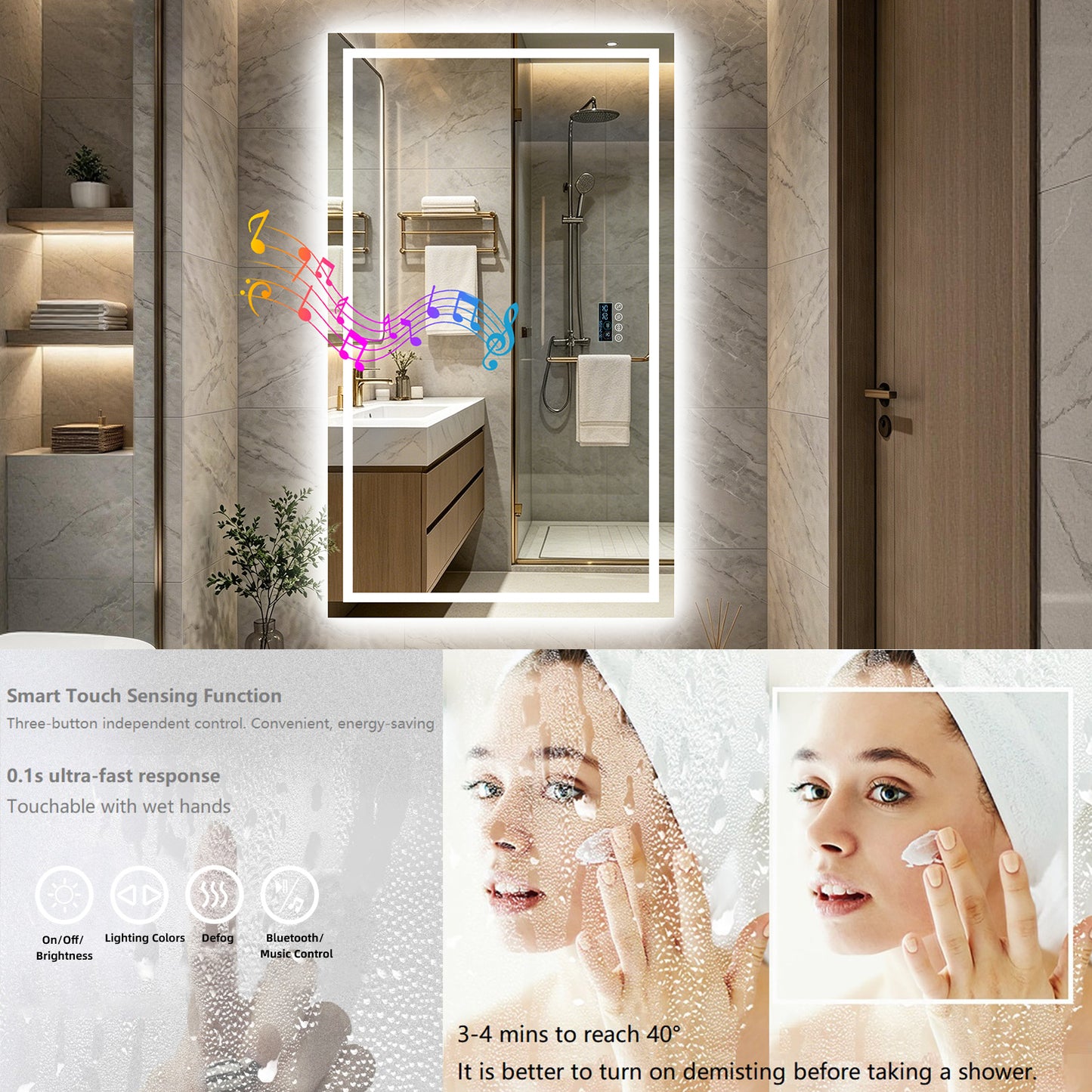 LUVODI LED Bluetooth Bathroom Mirror with Display, Rectangular Lighted Bathroom Mirror with Tempered Glass, Frontlit and Backlit Vanity Mirror