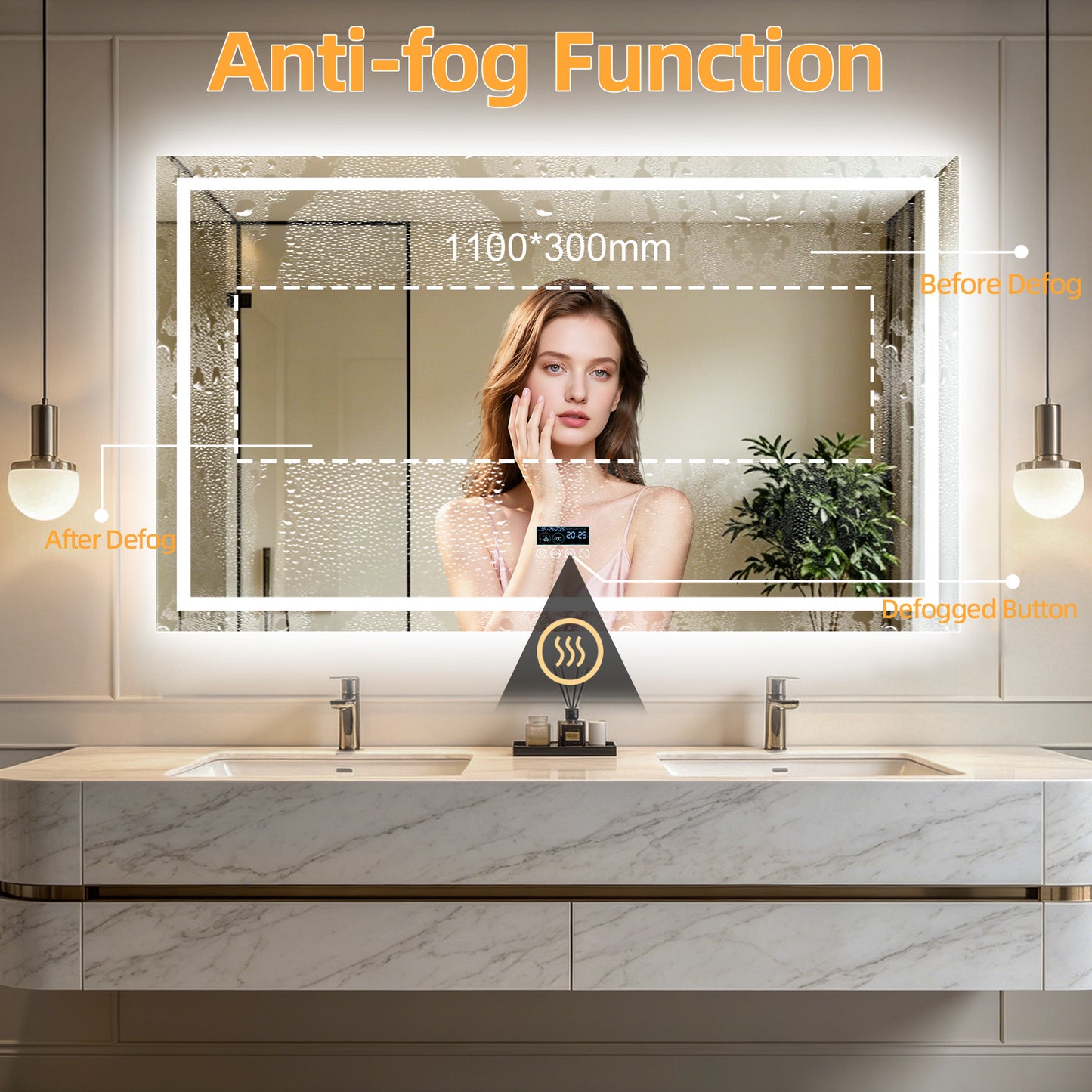LUVODI LED Bluetooth Bathroom Mirror with Display, Rectangular Lighted Bathroom Mirror with Tempered Glass, Frontlit and Backlit Vanity Mirror