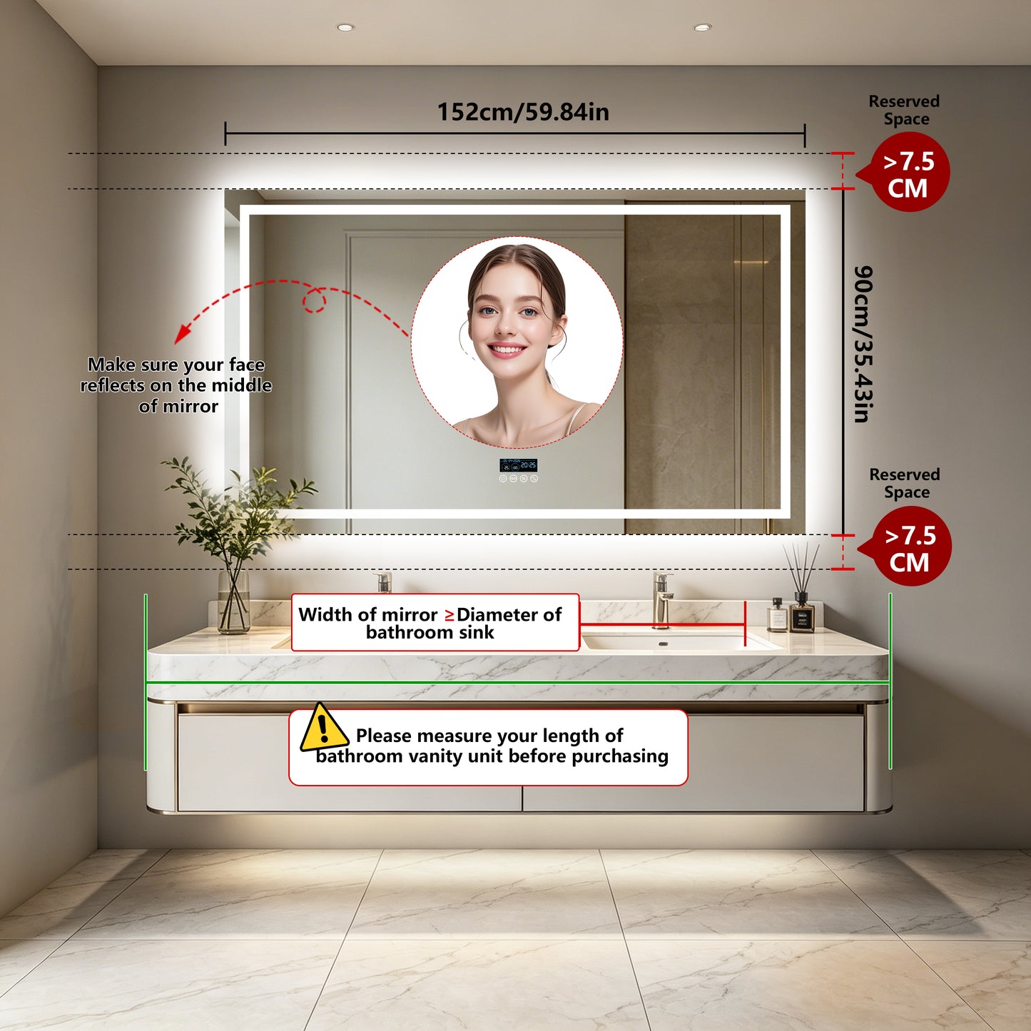 LUVODI LED Bluetooth Bathroom Mirror with Display, Rectangular Lighted Bathroom Mirror with Tempered Glass, Frontlit and Backlit Vanity Mirror
