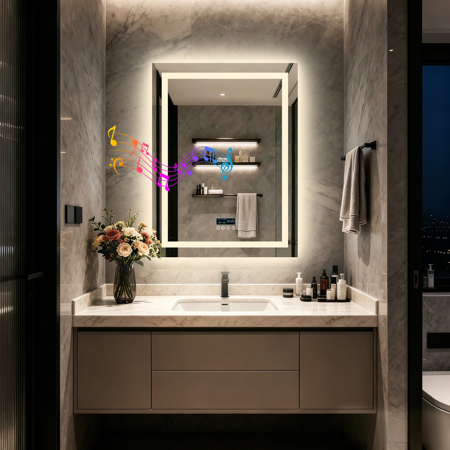 LUVODI LED Bluetooth Bathroom Mirror with Display, Rectangular Lighted Bathroom Mirror with Tempered Glass, Frontlit and Backlit Vanity Mirror