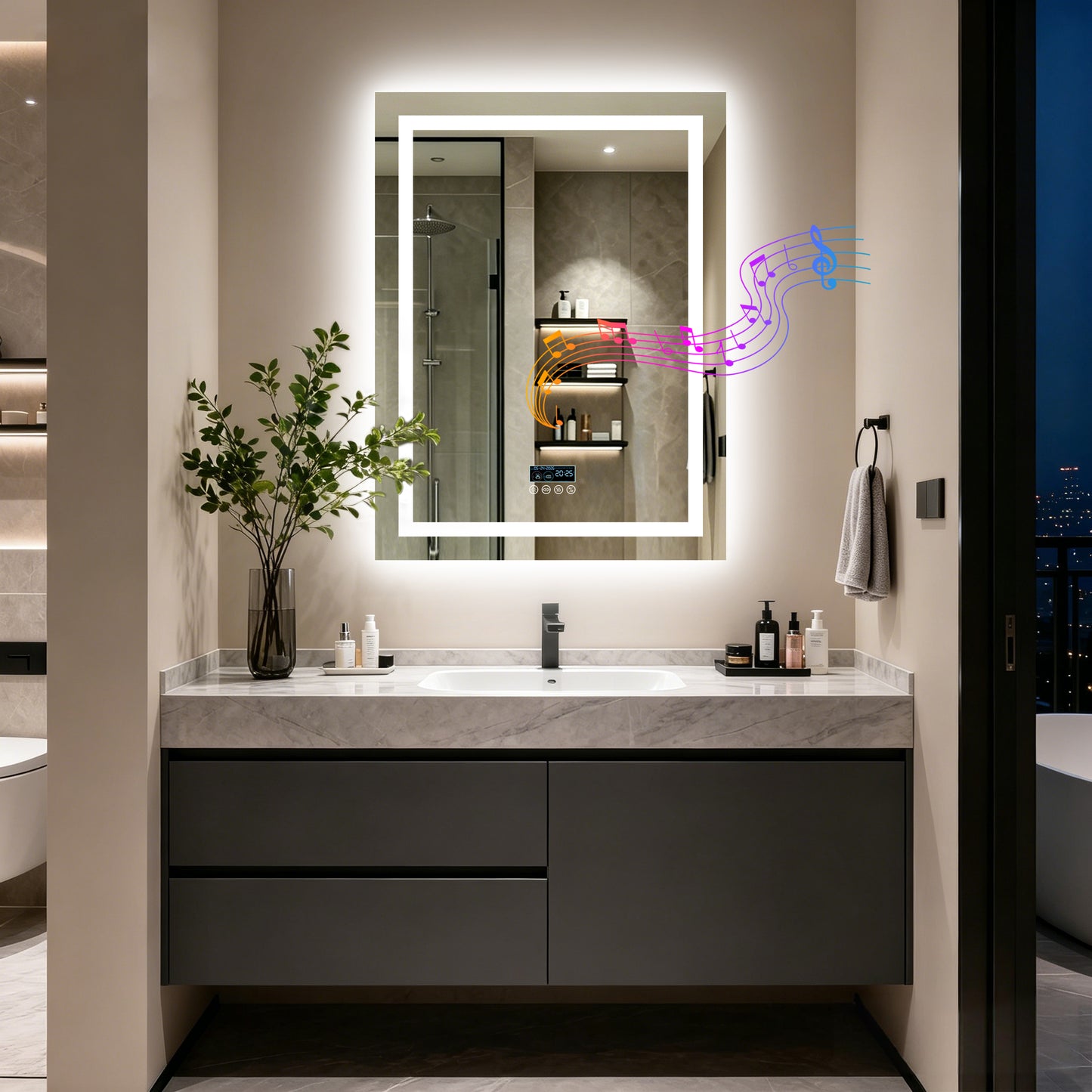 LUVODI LED Bluetooth Bathroom Mirror with Display, Rectangular Lighted Bathroom Mirror with Tempered Glass, Frontlit and Backlit Vanity Mirror
