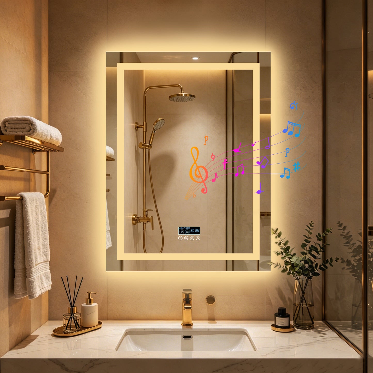 LUVODI LED Bluetooth Bathroom Mirror with Display, Rectangular Lighted Bathroom Mirror with Tempered Glass, Frontlit and Backlit Vanity Mirror