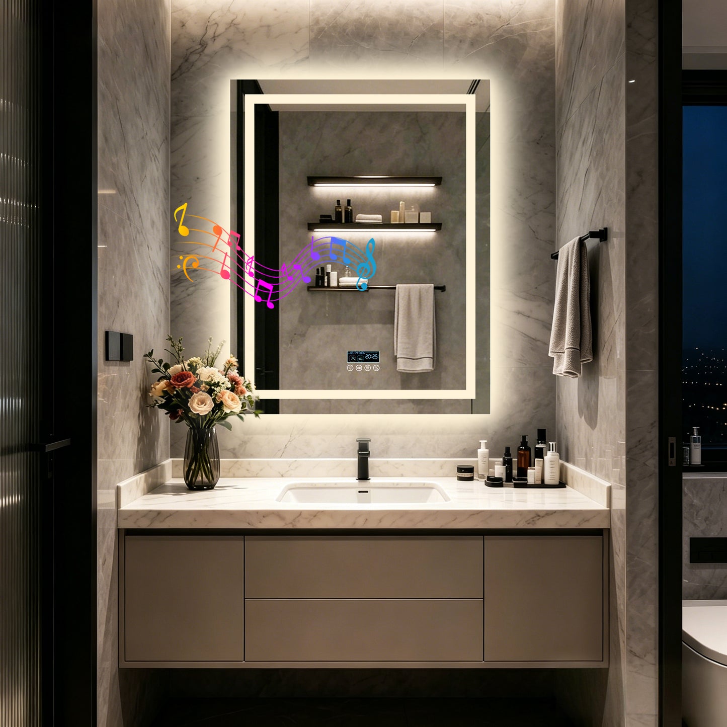 LUVODI LED Bluetooth Bathroom Mirror with Display, Rectangular Lighted Bathroom Mirror with Tempered Glass, Frontlit and Backlit Vanity Mirror