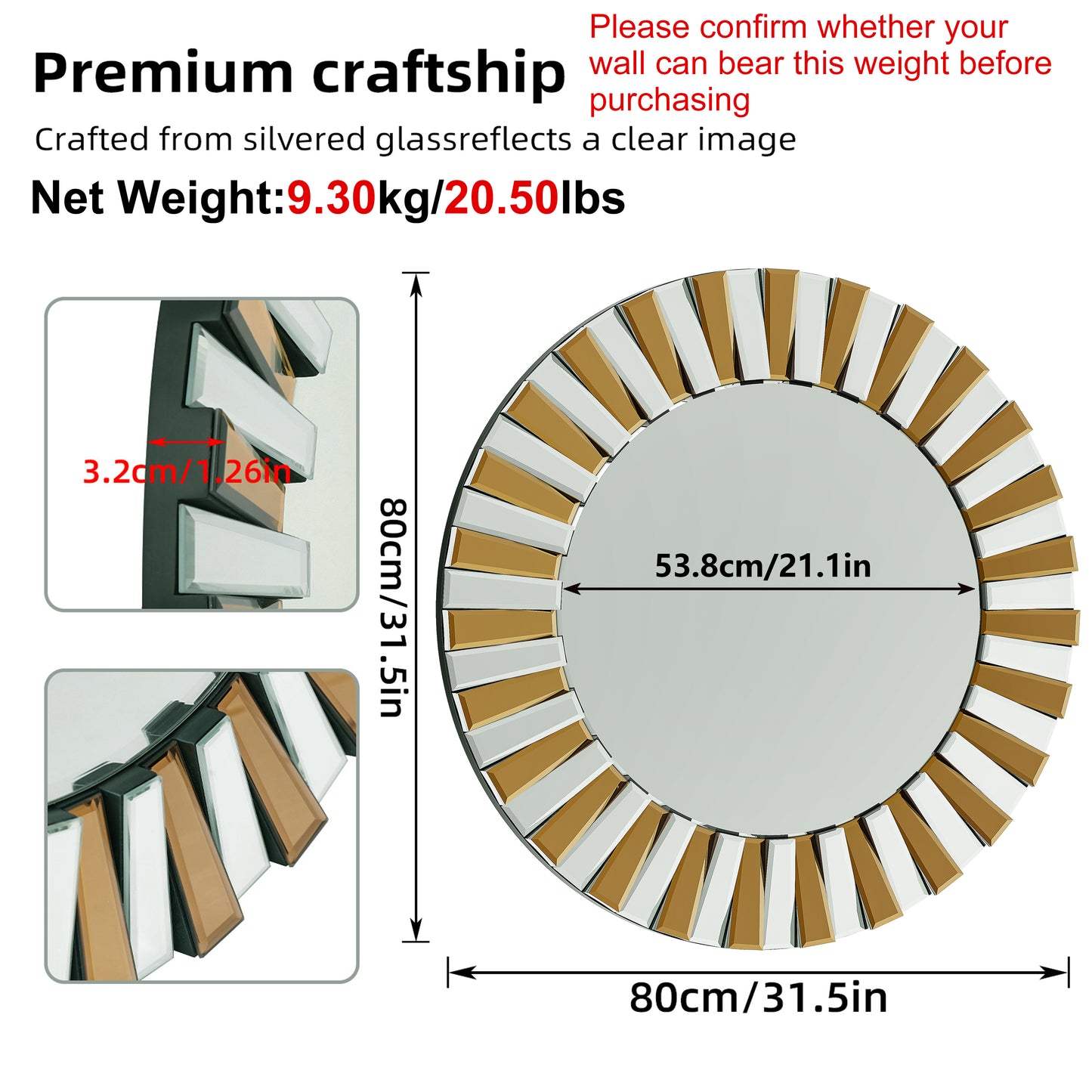 Contemporary Decorative Wall Mirror Round Starburst Mirror w/ Glass Beveled Edge for Living Room