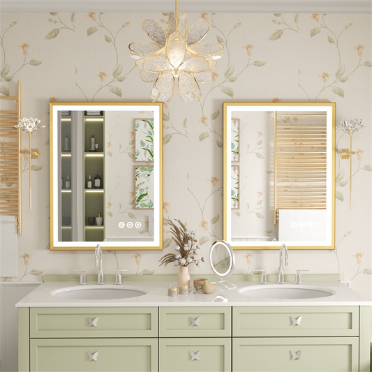 LUVODI Square LED Bathroom Mirror with Gold Aluminum Alloy Narrow Frame Defogging 3 Color