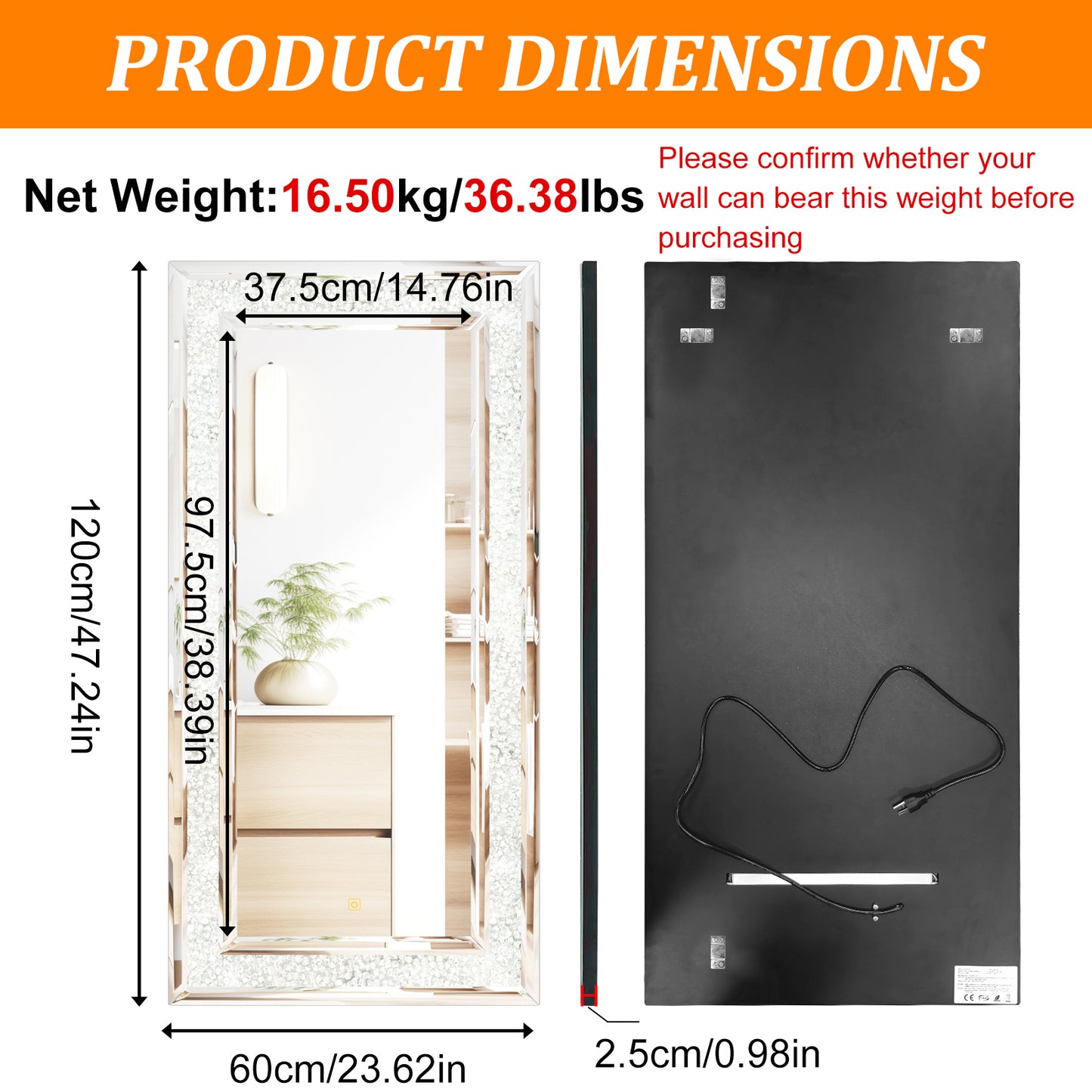Full Length Mirror with RGB Lights Wall Hanging Mirror Crush Diamond Inlay for Living Room, Bedrooms, Cloakrooms