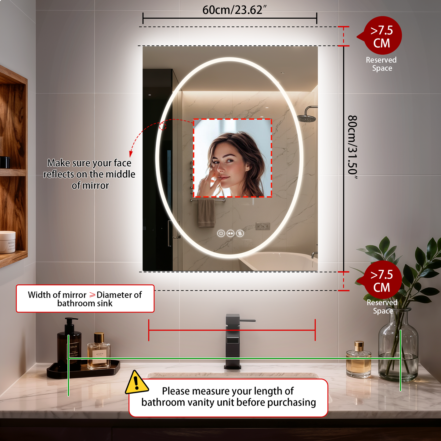 LUVODI  Frameless Tempered Glass LED Bathroom Mirror, Backlit with Round Front Light